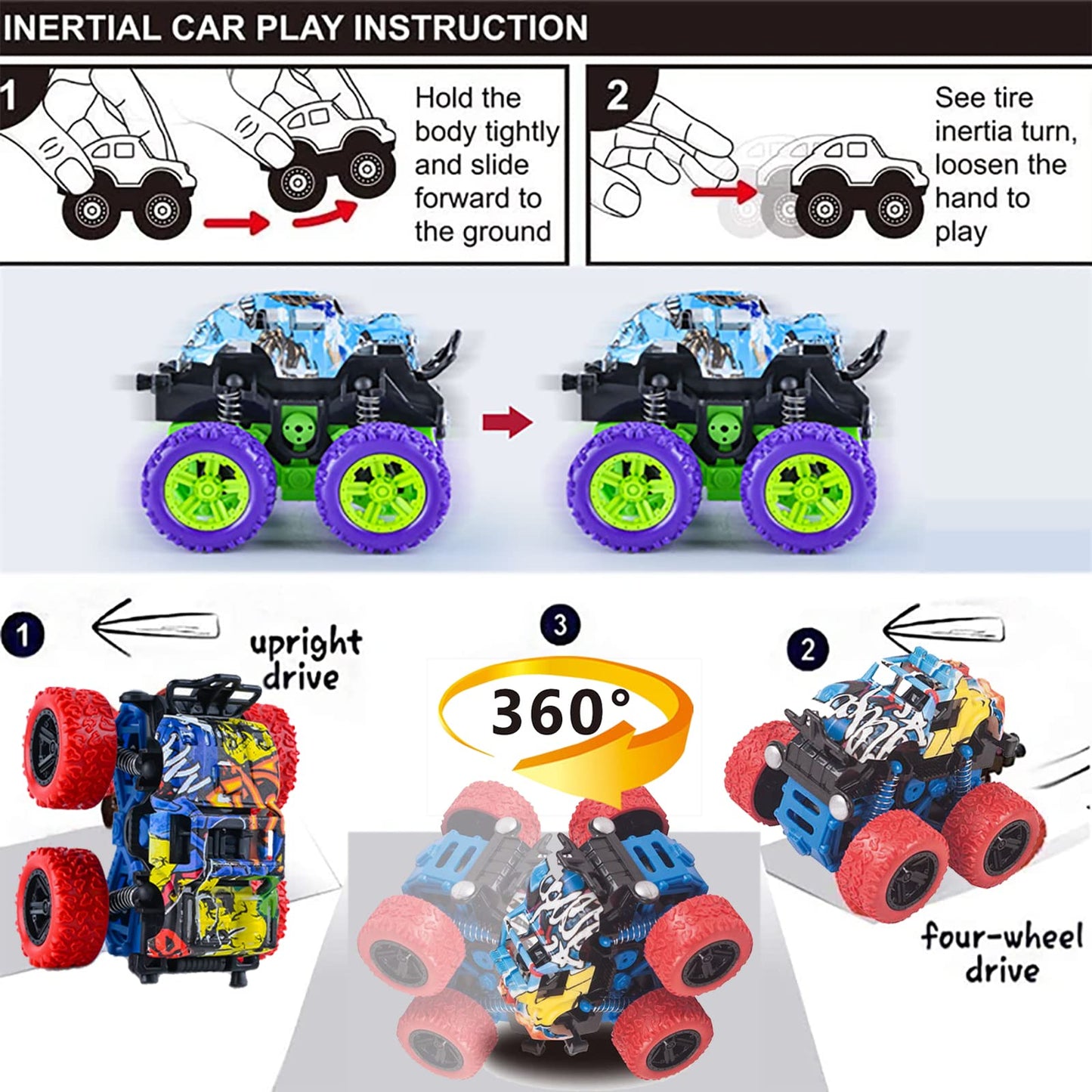 LEFEI Push & Go Friction Powered Car Set – 4 Monster Trucks for Kids 3-7