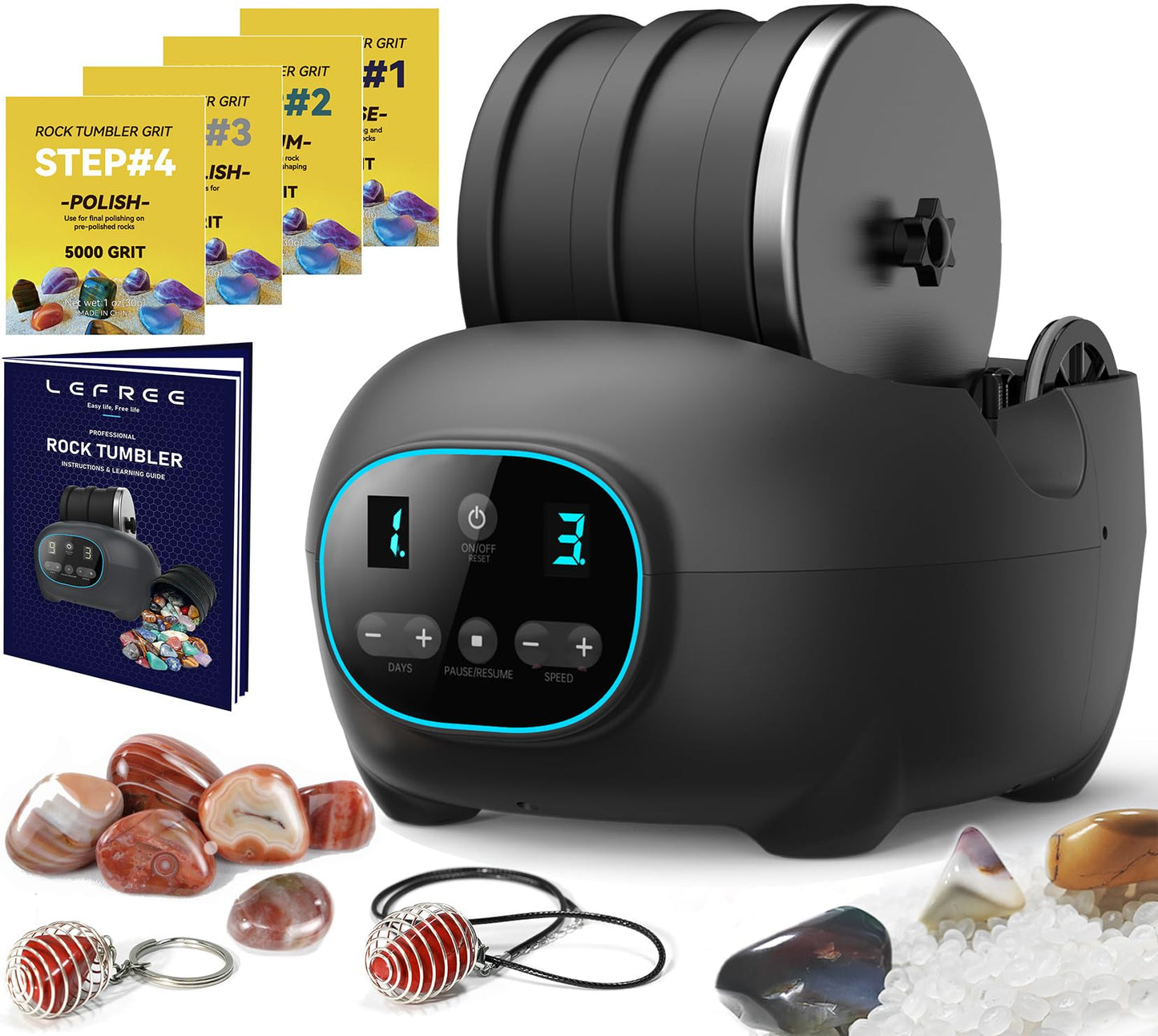 Lefree Store Rock Tumbler Kit for Adults & Kids – 3LB Leak-Proof Barrel, 1LB Rough Rocks, 4 Grits | STEM Christmas Gift