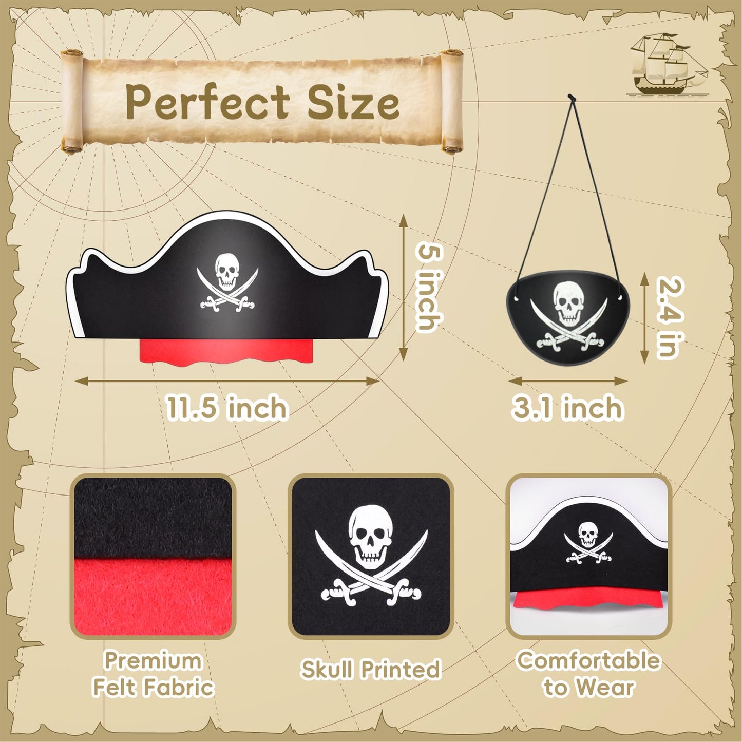 Legigo 12 Pcs Pirate Hat with Eye Mask – Classic Costume Accessories for Pirate Party (Black)