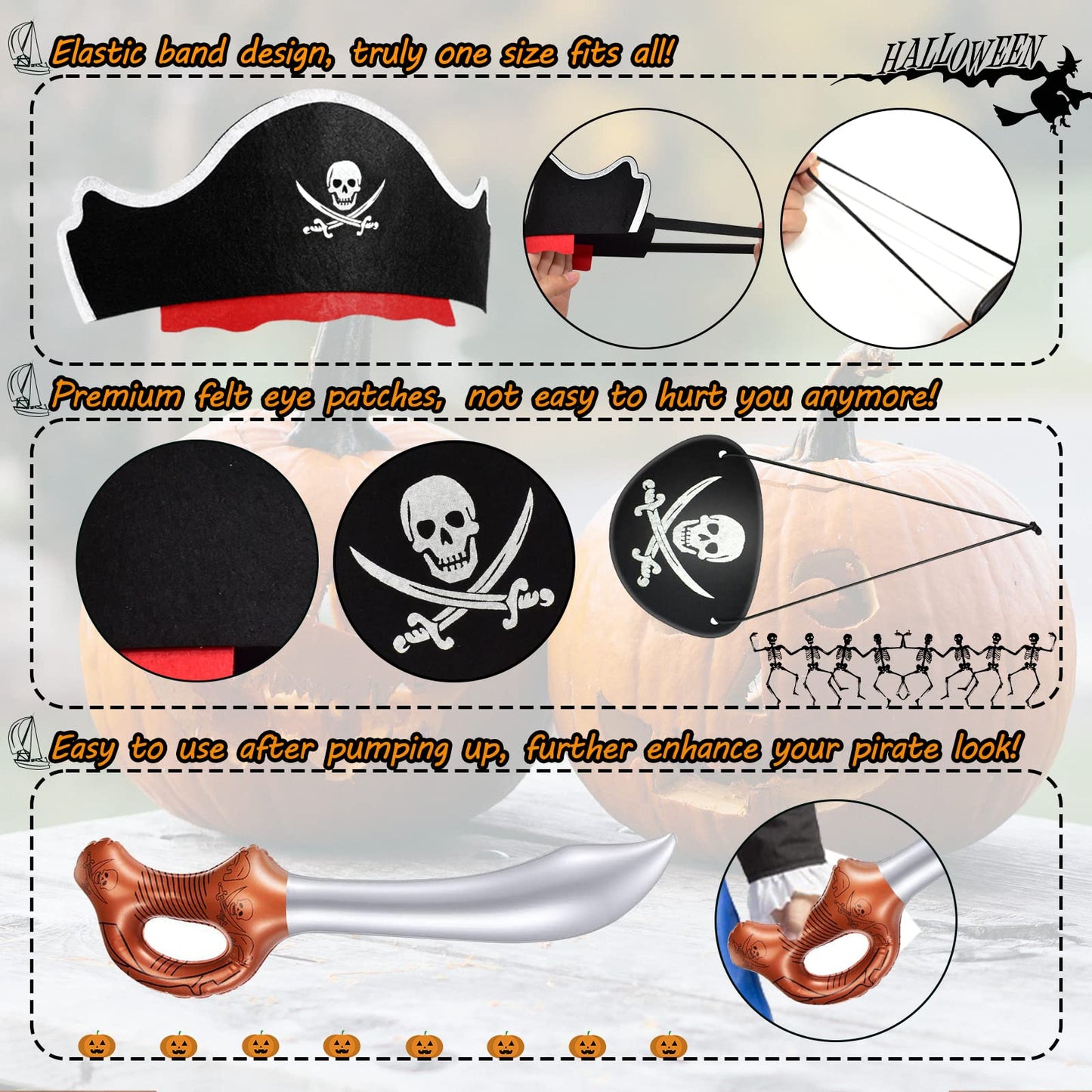 Legigo 36 Pcs Funny Pirate Party Set – 12 Hats, 12 Eye Patches, 12 Inflatable Swords