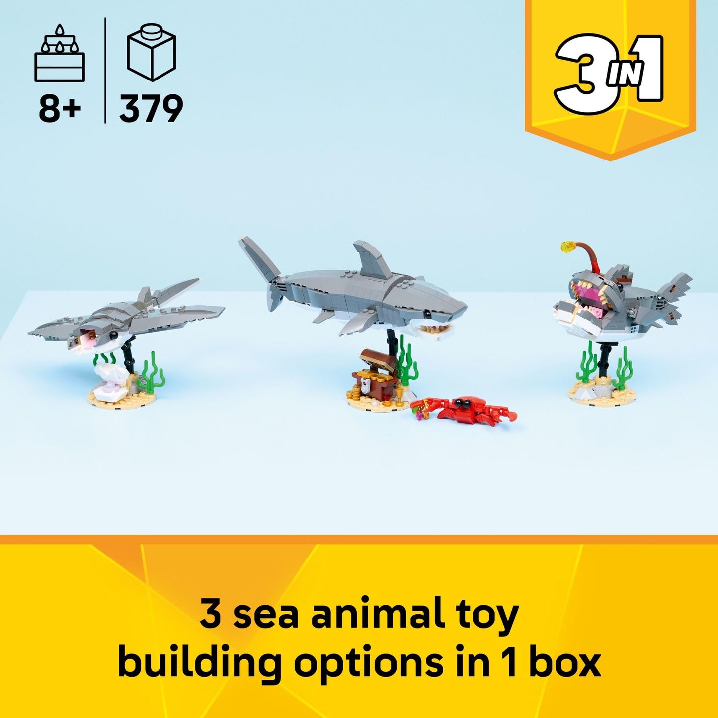 LEGO Creator 3-in-1 Fierce Shark with Treasure Chest (31381) – Build 3 Sea Creatures | Ages 8+