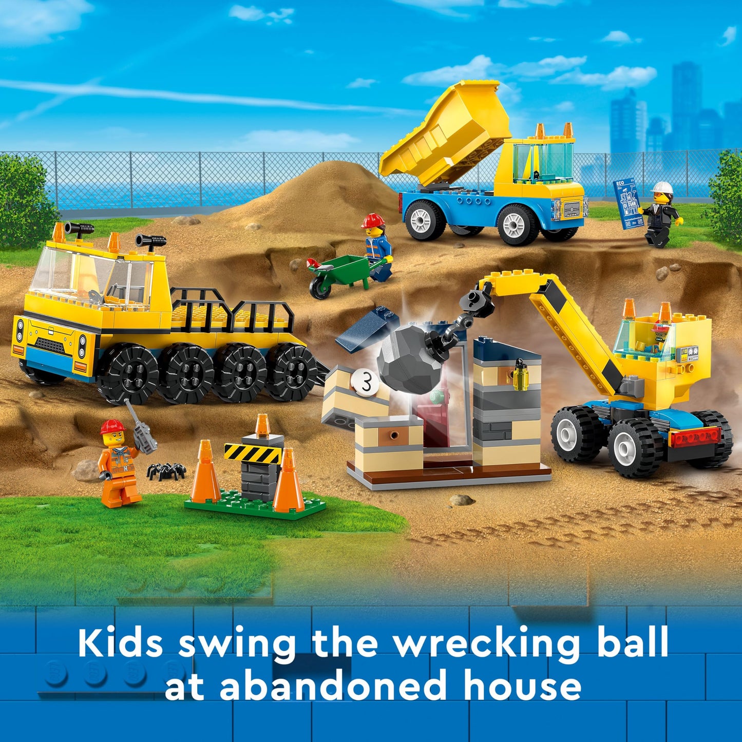 LEGO City Construction Trucks and Wrecking Ball Crane 60391 – 4+ Building Toy Set with 3 Vehicles, Abandoned House & Minifigures