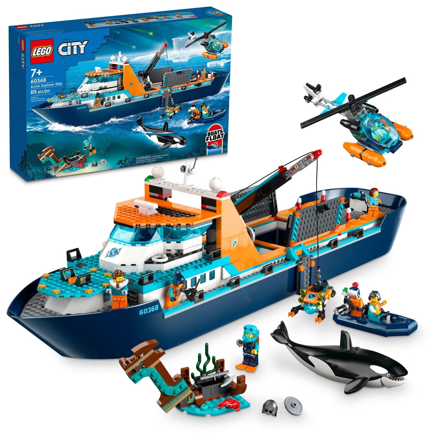 LEGO City Arctic Explorer Ship 60368 | 815-Piece Ocean Adventure Set with Helicopter, ROV Sub & Viking Shipwreck