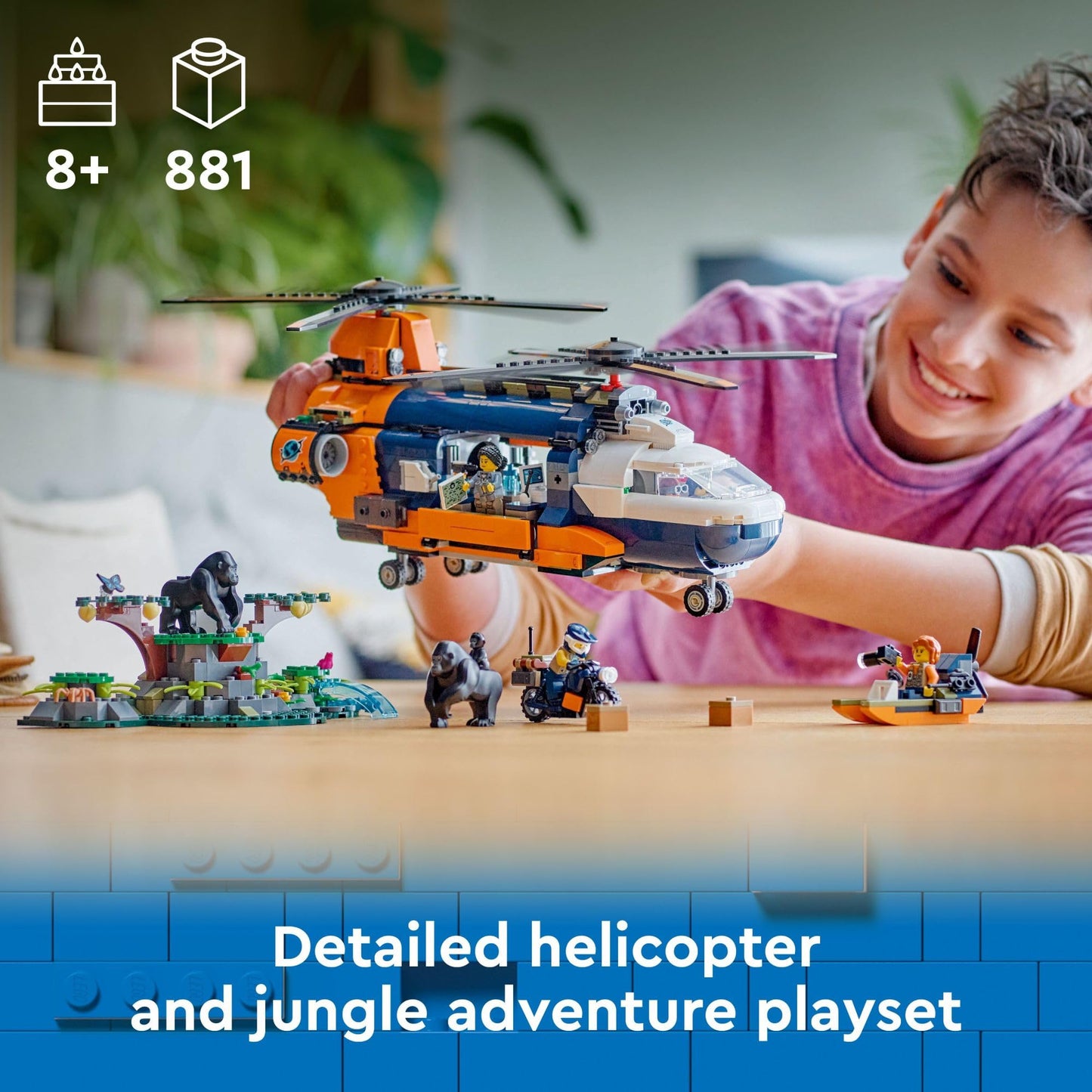LEGO City Jungle Explorer Helicopter at Base Camp (60437) – 881 Pieces, 5 Minifigures & Gorilla Figures