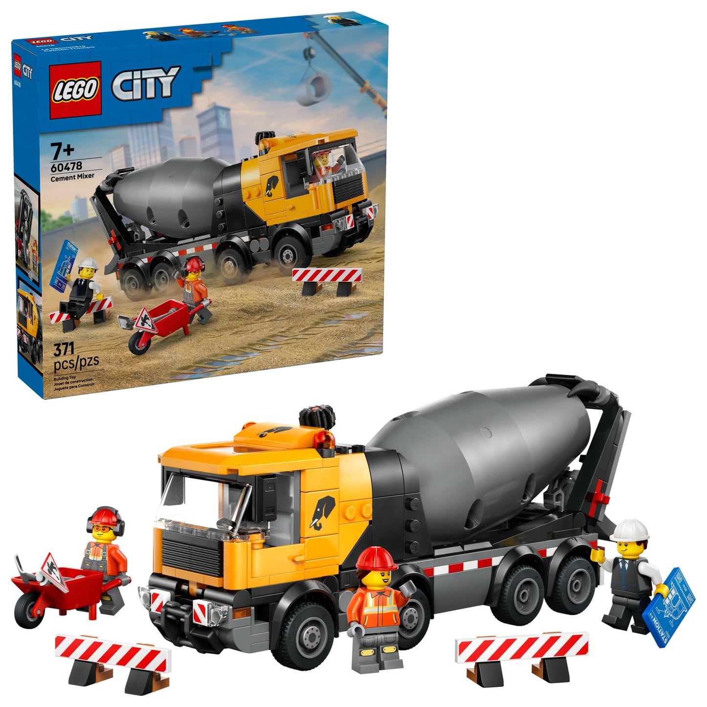 LEGO City Cement Mixer Truck 60478 – Construction Toy for Kids 7+ with Rotating Drum & Minifigures