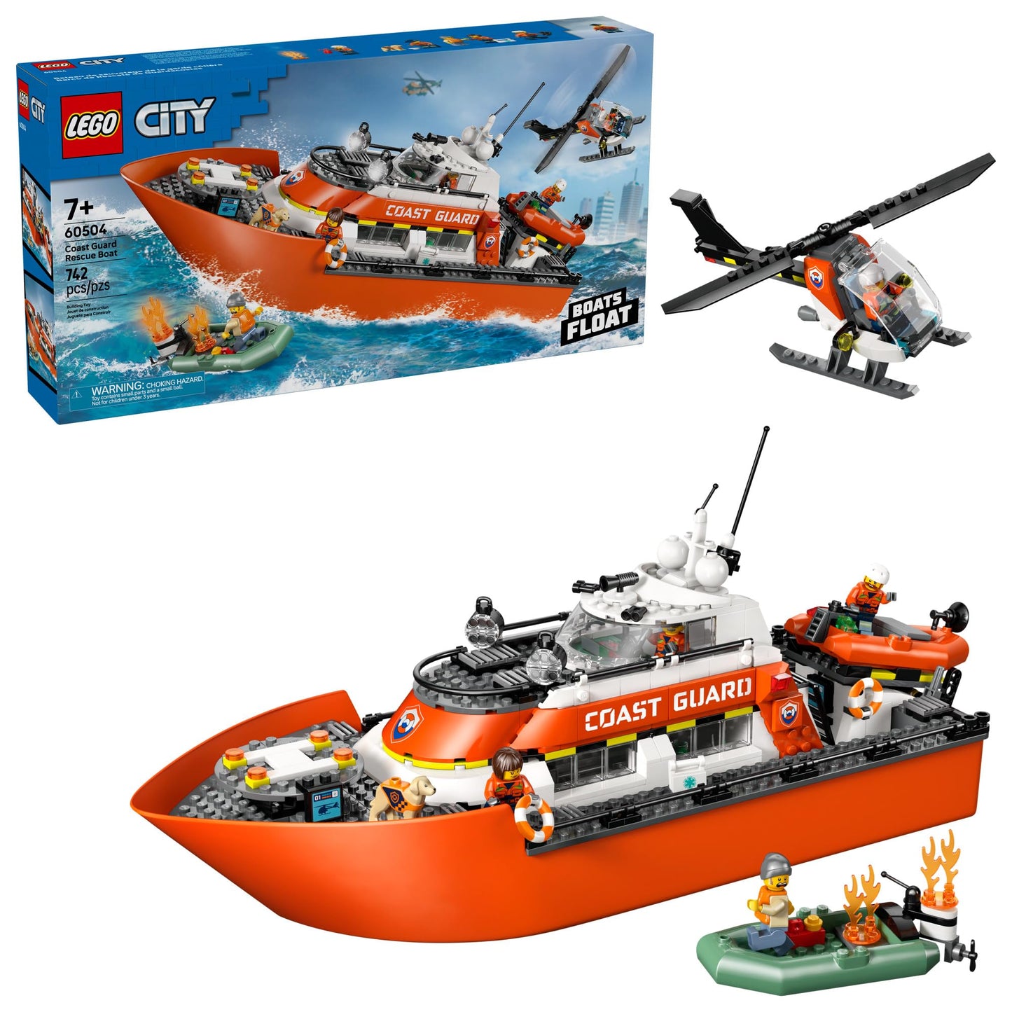 LEGO City Coast Guard Rescue Boat & Helicopter (60504) – 742 Pieces, 5 Minifigures & Dog