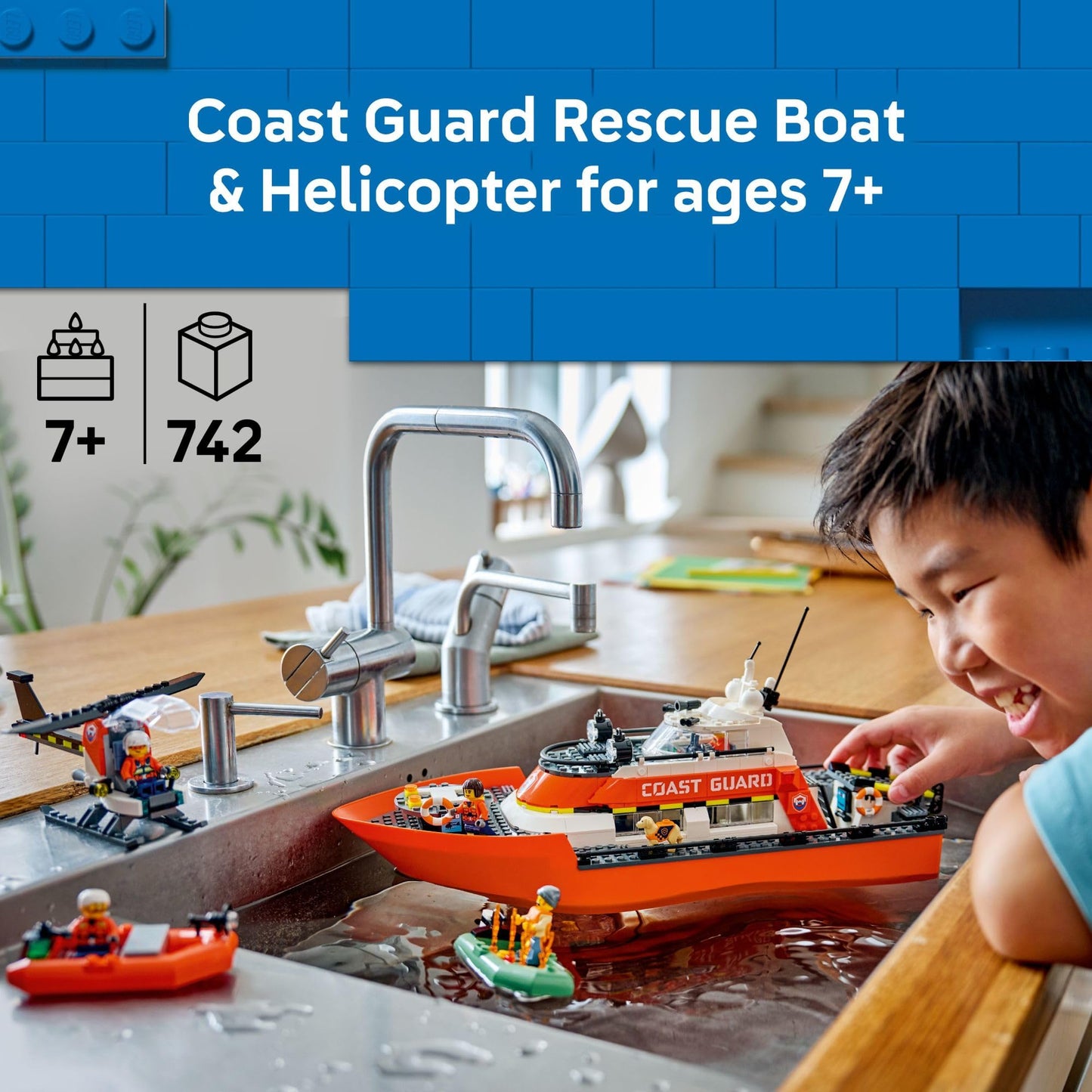 LEGO City Coast Guard Rescue Boat & Helicopter (60504) – 742 Pieces, 5 Minifigures & Dog