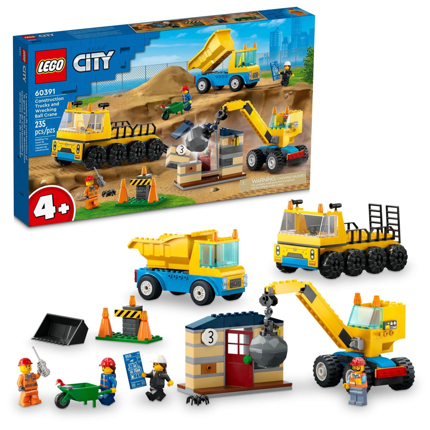 LEGO City Construction Trucks and Wrecking Ball Crane 60391 – 4+ Building Toy Set with 3 Vehicles, Abandoned House & Minifigures