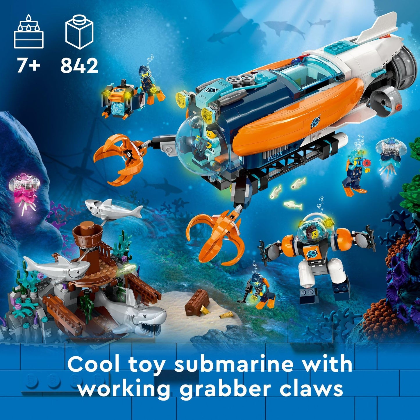 LEGO City Deep-Sea Explorer Submarine 60379 | Ocean Shipwreck Playset with 6 Minifigures