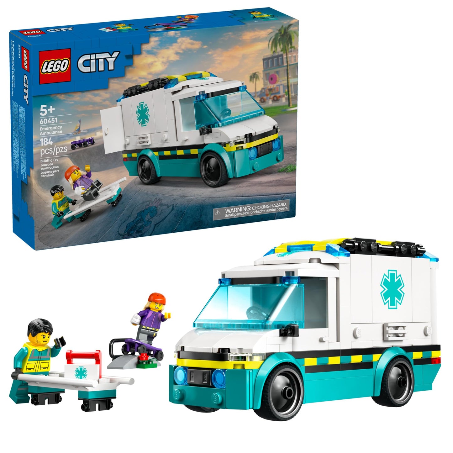 LEGO City Emergency Ambulance 60451 – Buildable Rescue Toy with Skateboarder & Paramedic Minifigures
