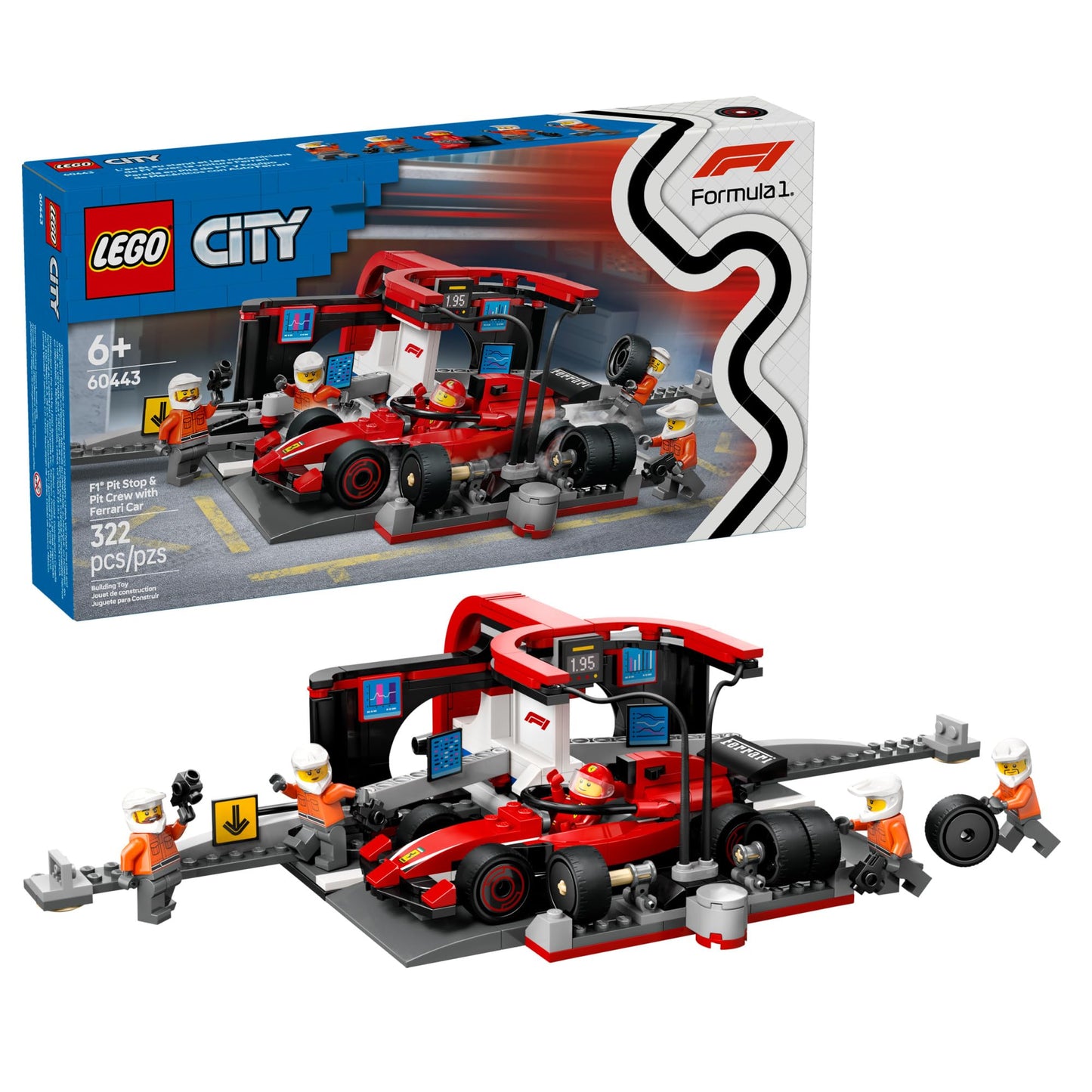 LEGO City F1 Pit Stop & Pit Crew with Ferrari Car - 60443 | Race Toy for Kids 6+