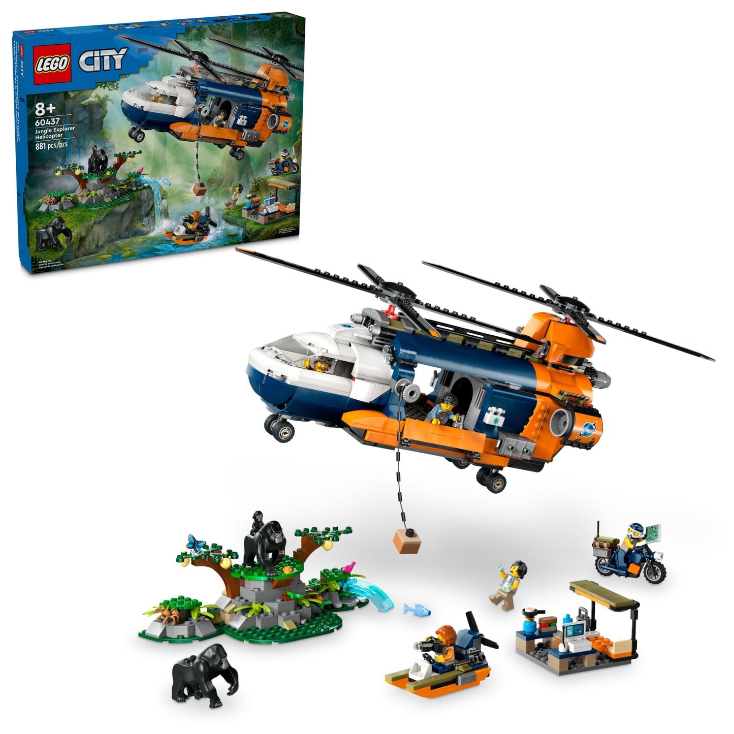 LEGO City Jungle Explorer Helicopter at Base Camp (60437) – 881 Pieces, 5 Minifigures & Gorilla Figures