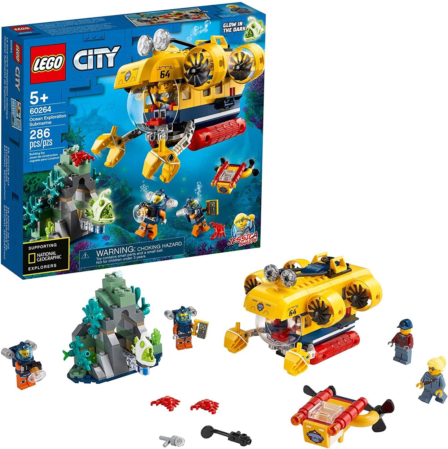 LEGO City Ocean Exploration Submarine 60264 – Submarine, Coral Reef, Underwater Drone & Glow Anglerfish (286 Pieces)