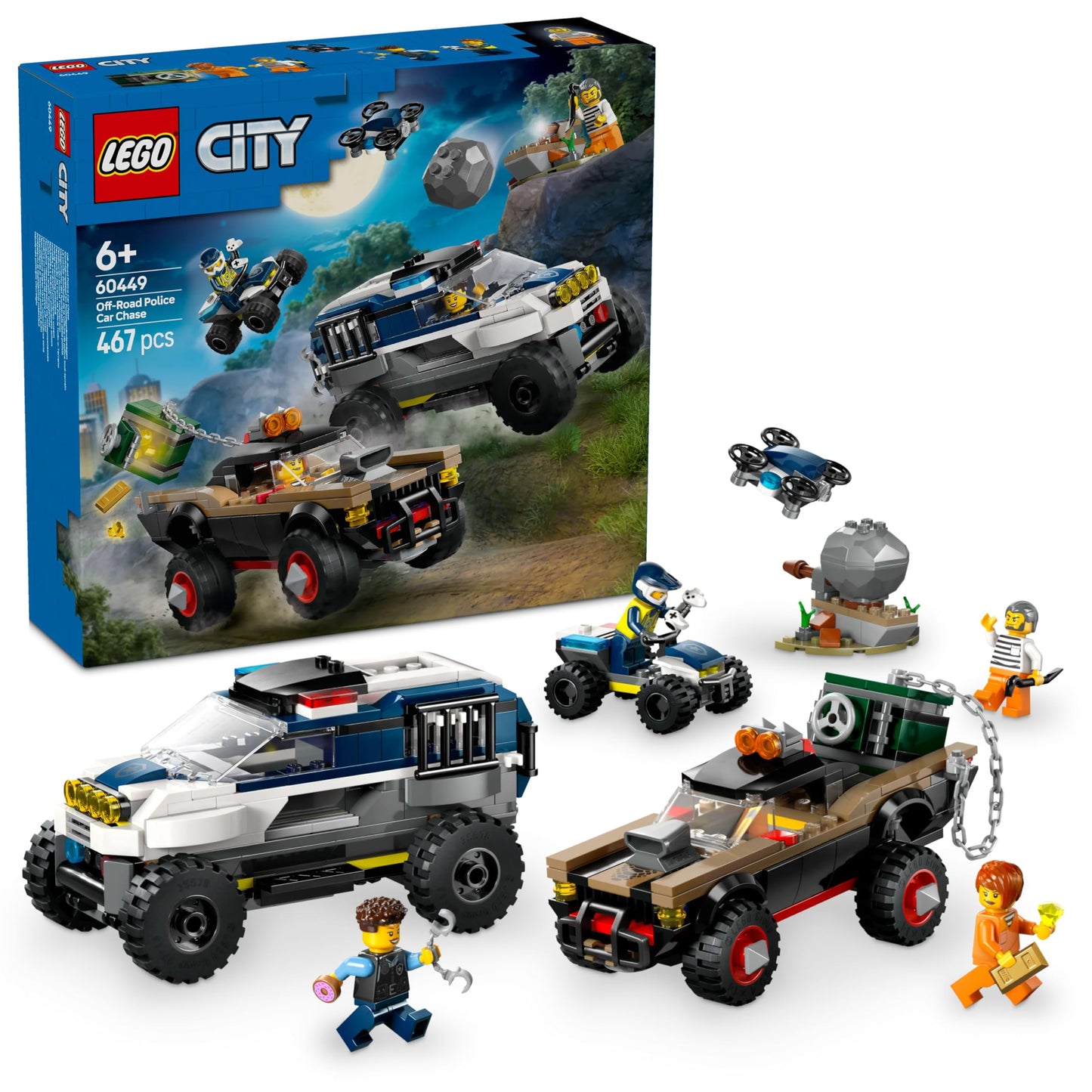 LEGO City Off-Road Police Chase Action Set – Police SUV, Crook Pickup, Quad Bike & Drone | Kids Construction Toy - 60449
