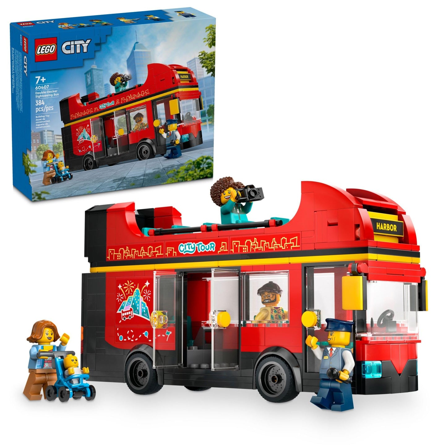 LEGO City Red Double-Decker Sightseeing Bus 60407 – 384-Piece London Bus Toy with 5 Minifigures