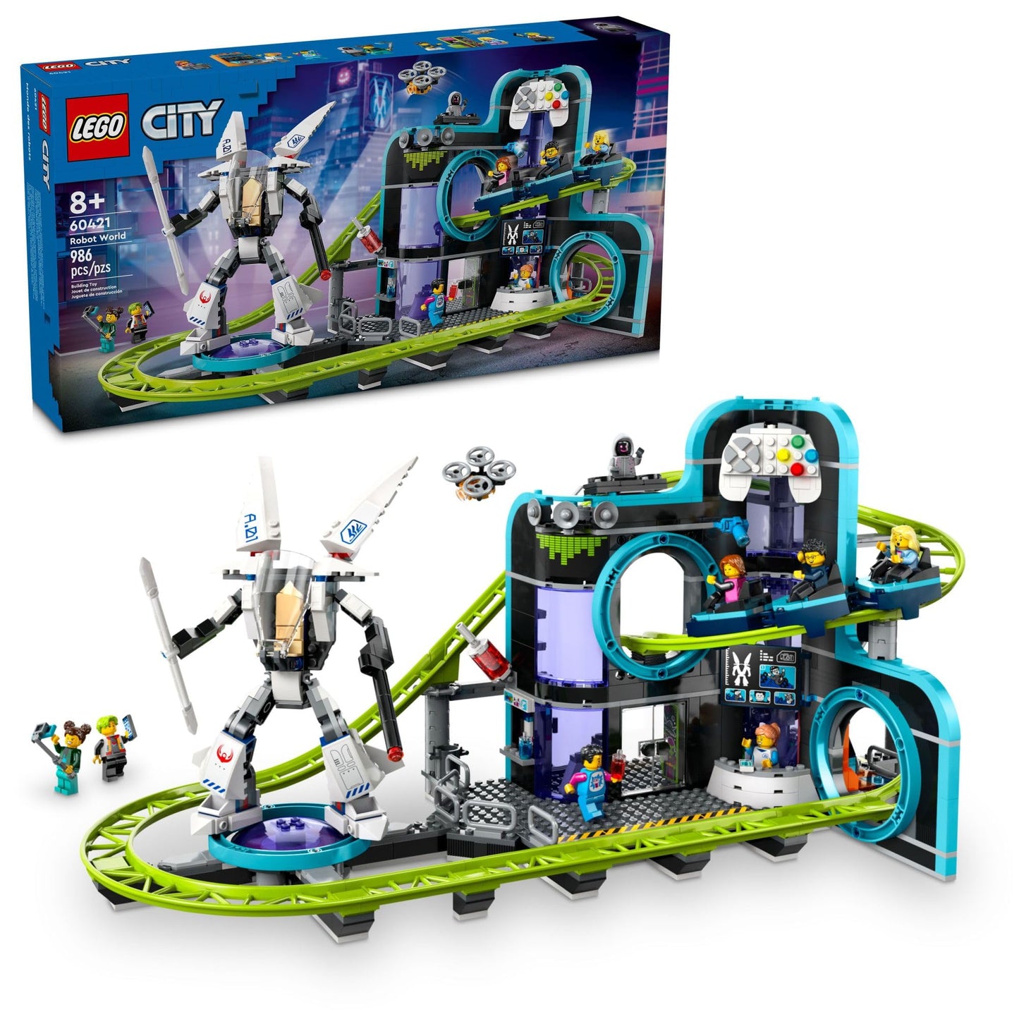 LEGO City Robot World Roller-Coaster Park (60421) – 986-Piece Building Set with Mech Figure & 8 Minifigures | Gift for Kids 8+