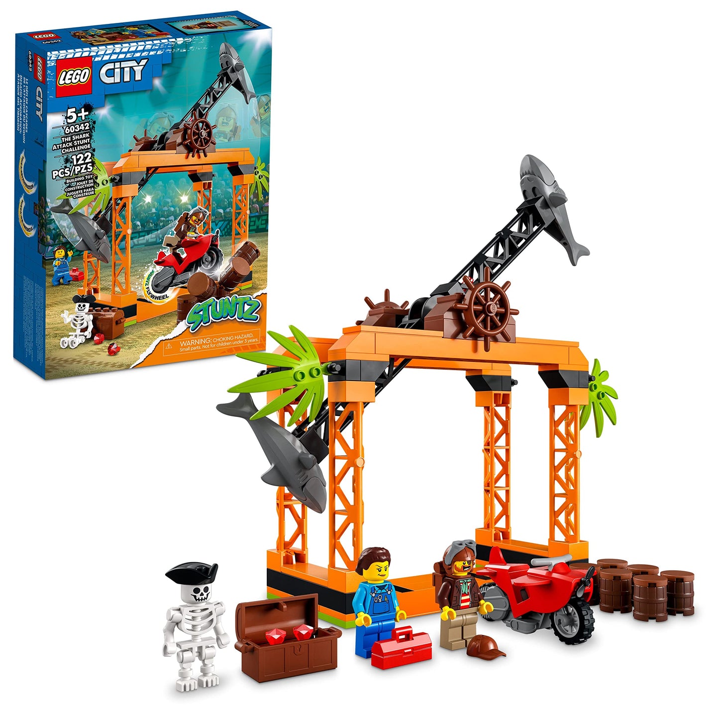 LEGO City Stuntz Shark Attack Stunt Challenge 60342 – Flywheel Stunt Bike & Minifigures