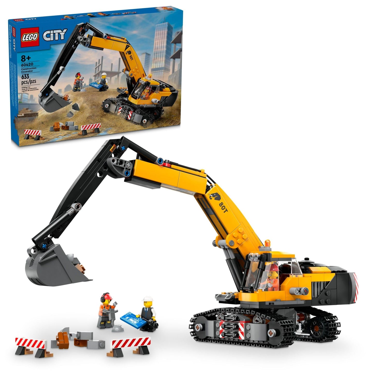 LEGO City Yellow Construction Excavator 60420 – 633 Pieces, 3 Minifigures, 360° Cab (Ages 8+)