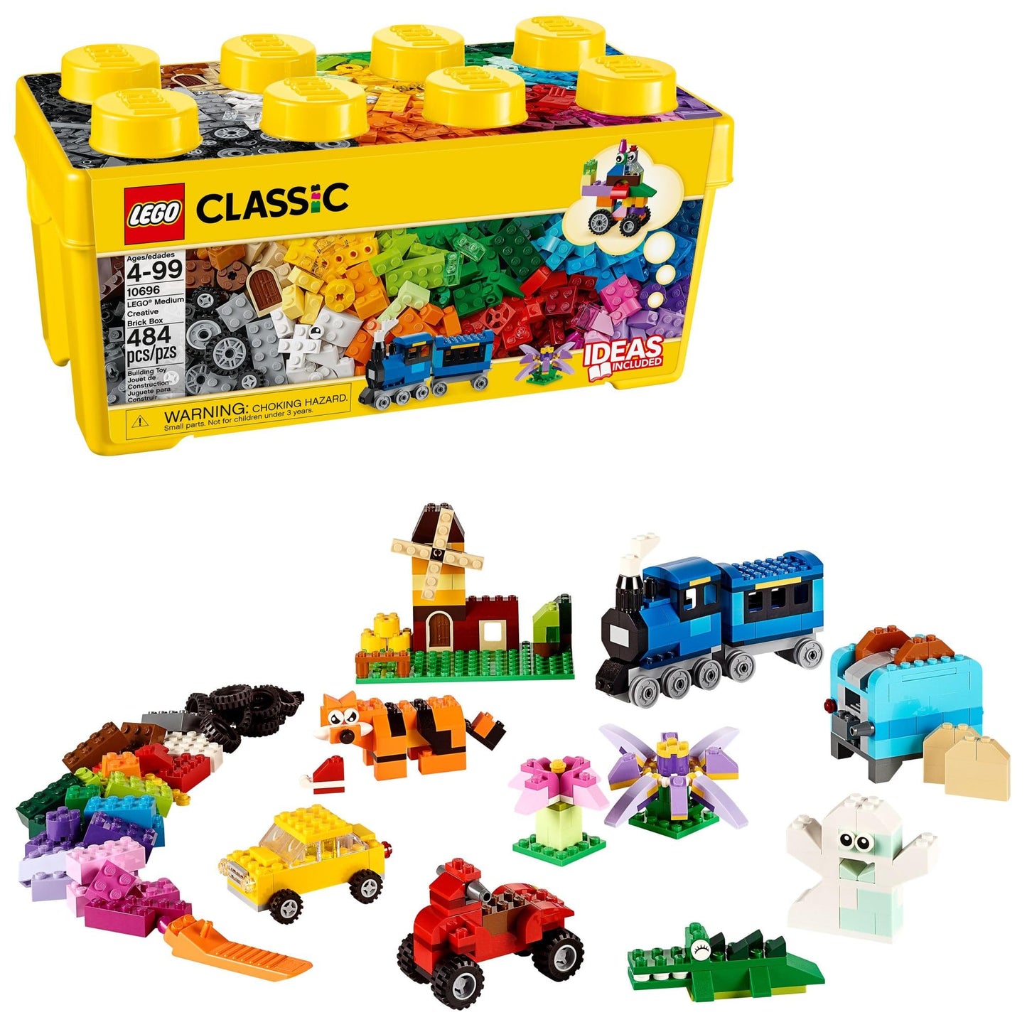 LEGO Classic Medium Creative Brick Box 10696 – 484 Pieces, Storage Box, Train & Tiger Figure