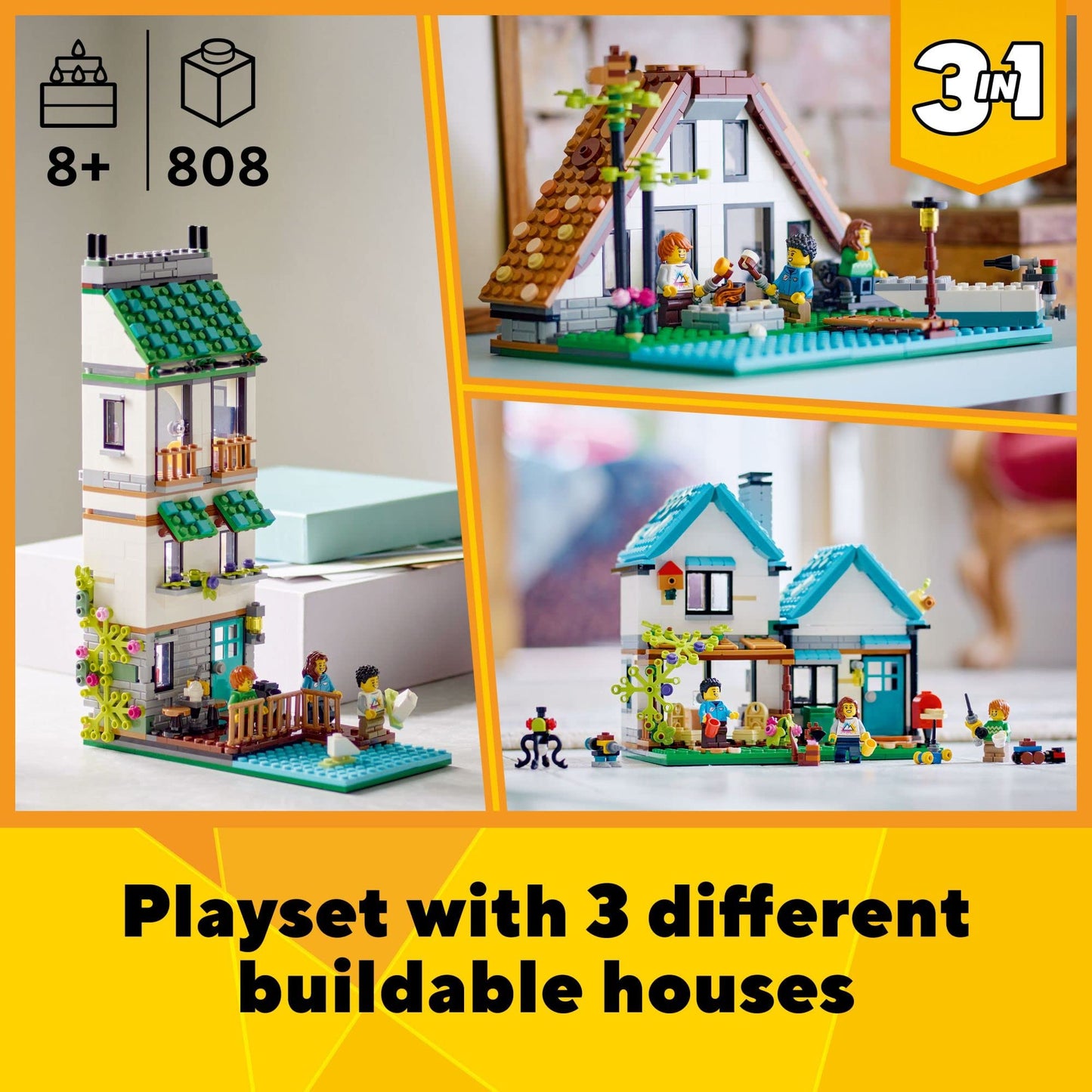 LEGO Creator 3-in-1 Cozy House – 808-Piece Building Toy with 3 Build Options (Ages 8+)