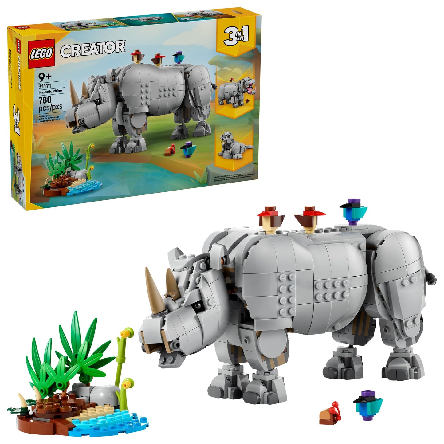 LEGO Creator 3-in-1 Wild Animals: Majestic Rhino with Birds (31171) – 780-Piece Build Toy for Kids Aged 9+