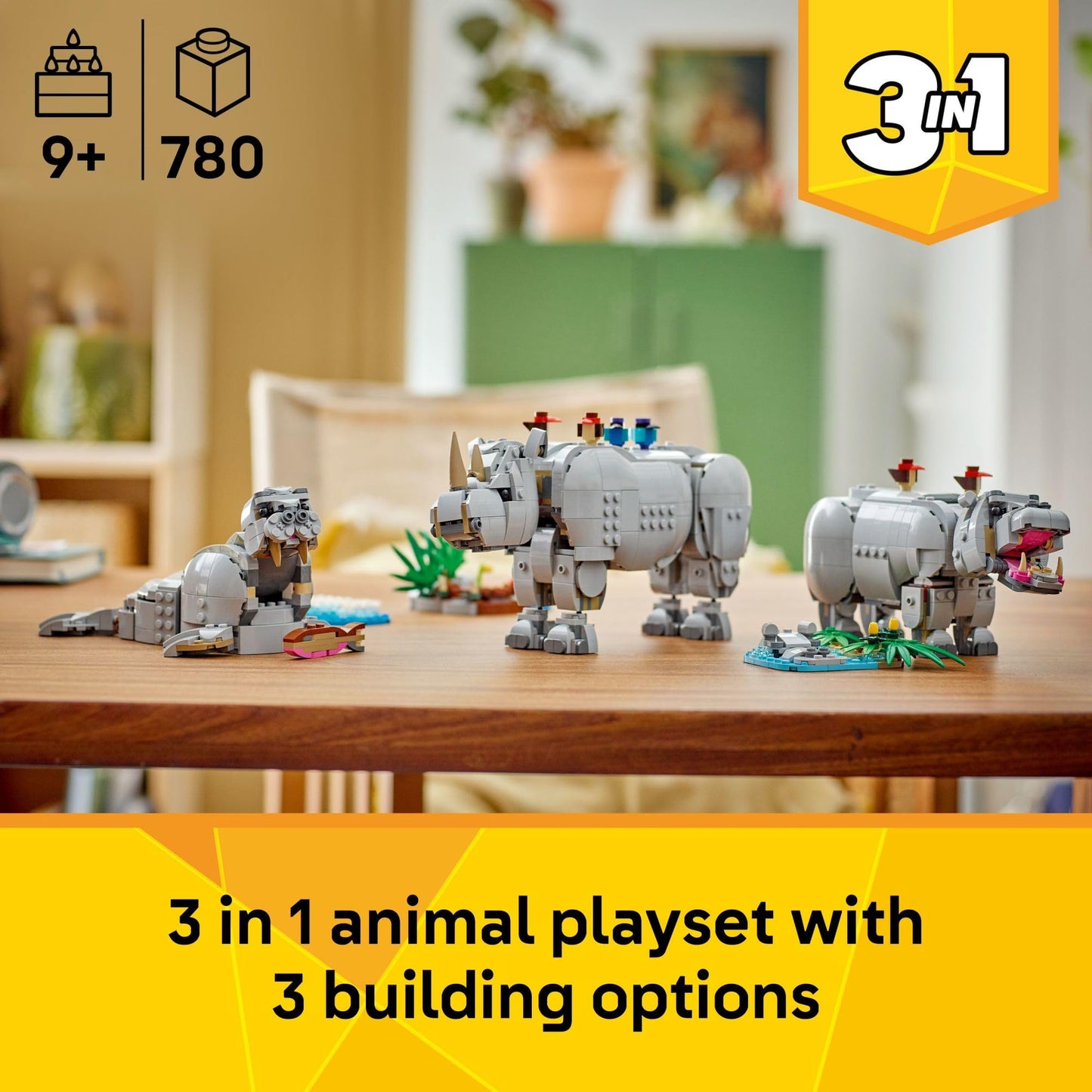 LEGO Creator 3-in-1 Wild Animals: Majestic Rhino with Birds (31171) – 780-Piece Build Toy for Kids Aged 9+