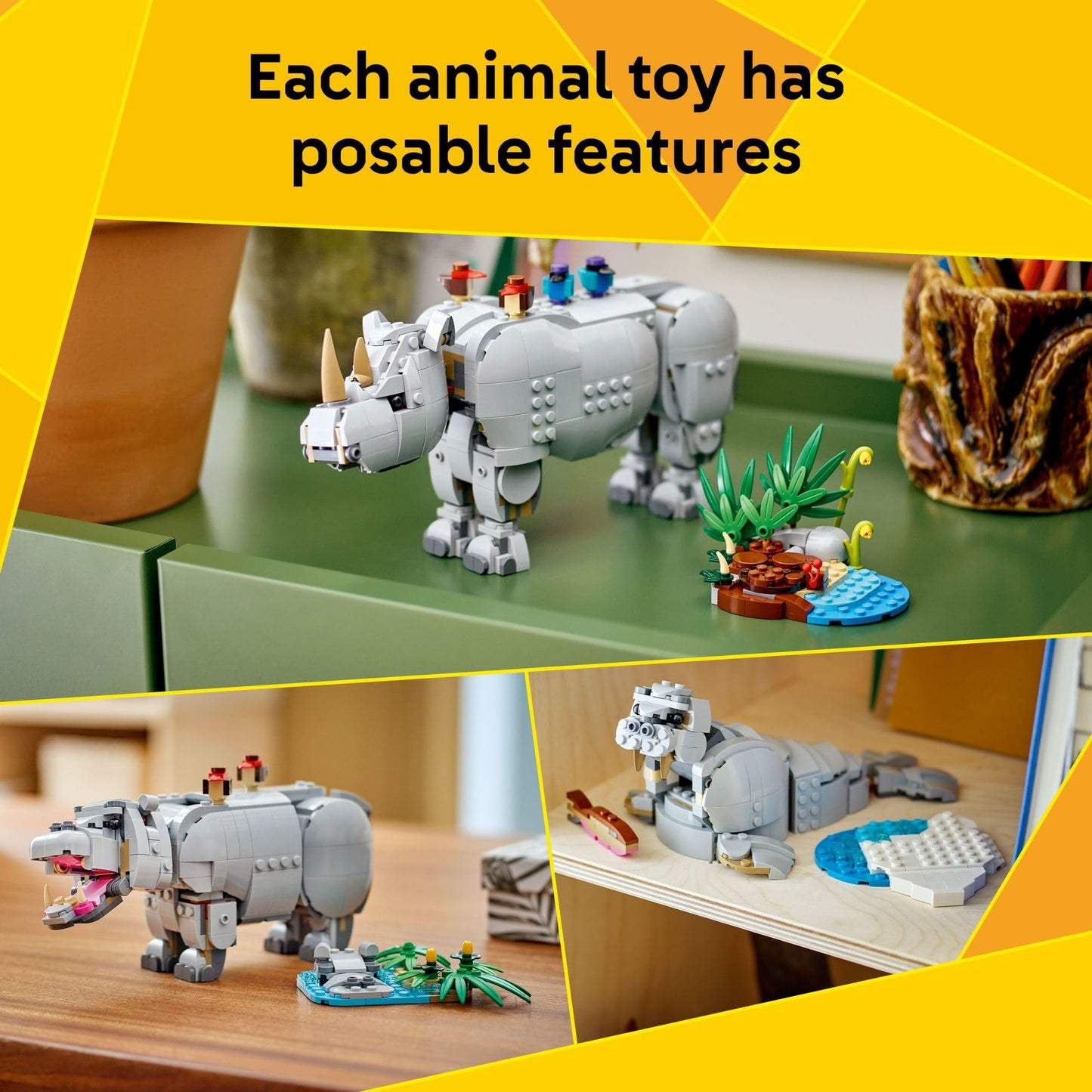 LEGO Creator 3-in-1 Wild Animals: Majestic Rhino with Birds (31171) – 780-Piece Build Toy for Kids Aged 9+