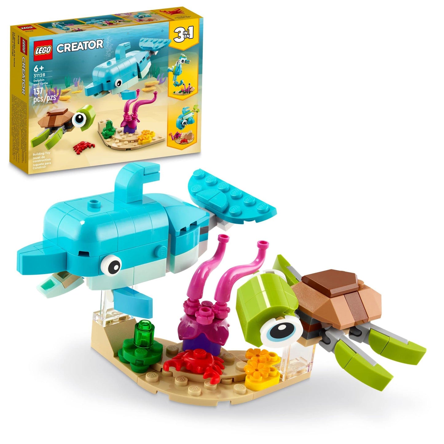 LEGO Creator 3in1 Dolphin and Turtle Toys (31128) – 3 Builds, Display Stand, 137 Pieces