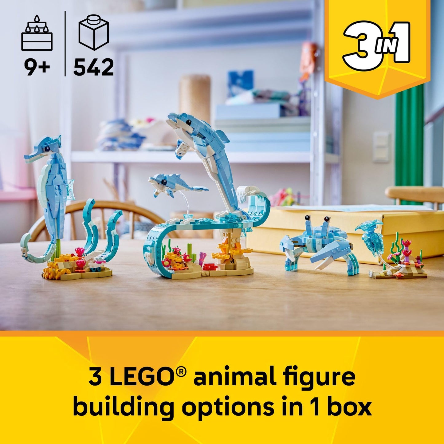 LEGO Creator 3-in-1 Sea Animals 31385 – Beautiful Dolphins, Seahorse & Crab Toy Set