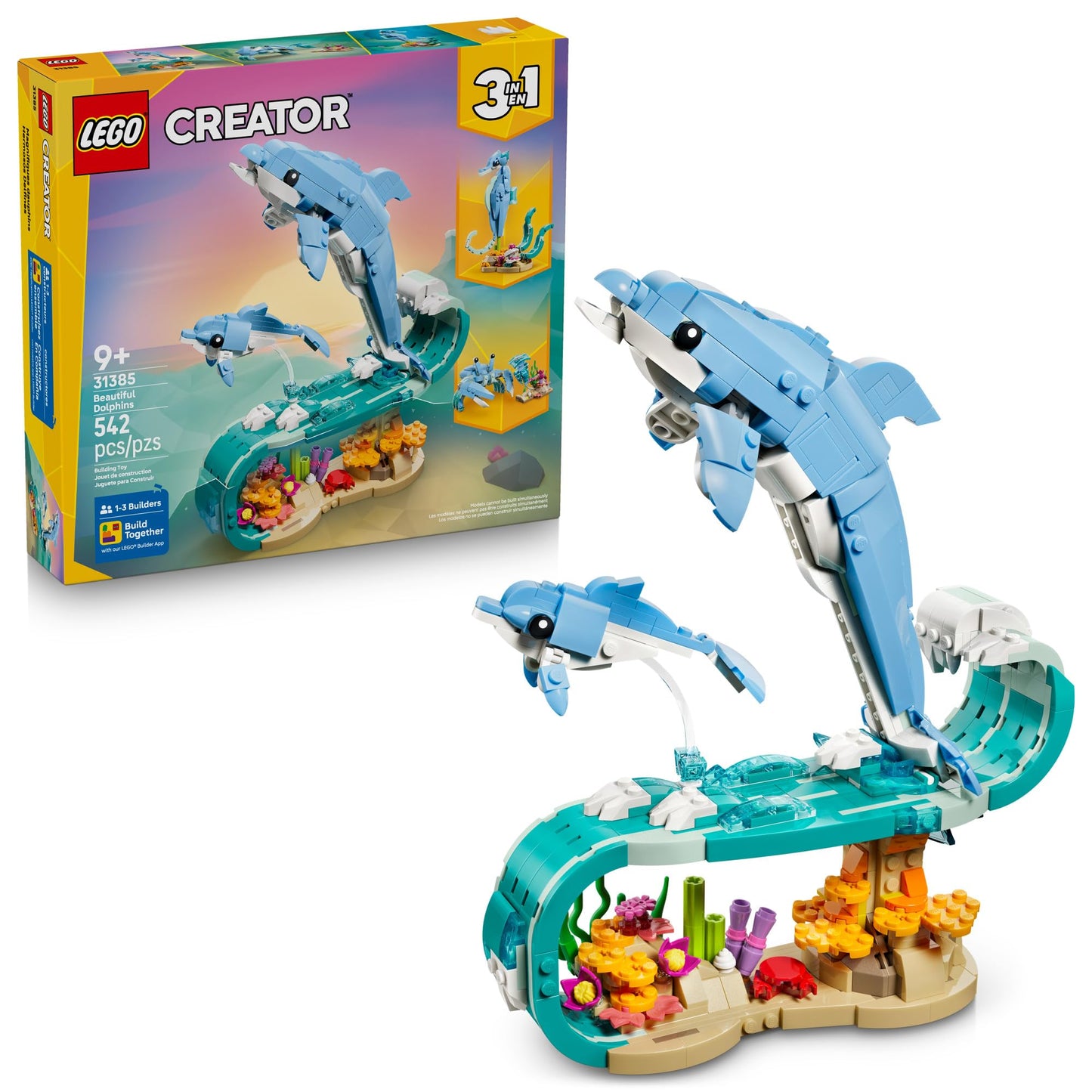 LEGO Creator 3-in-1 Sea Animals 31385 – Beautiful Dolphins, Seahorse & Crab Toy Set