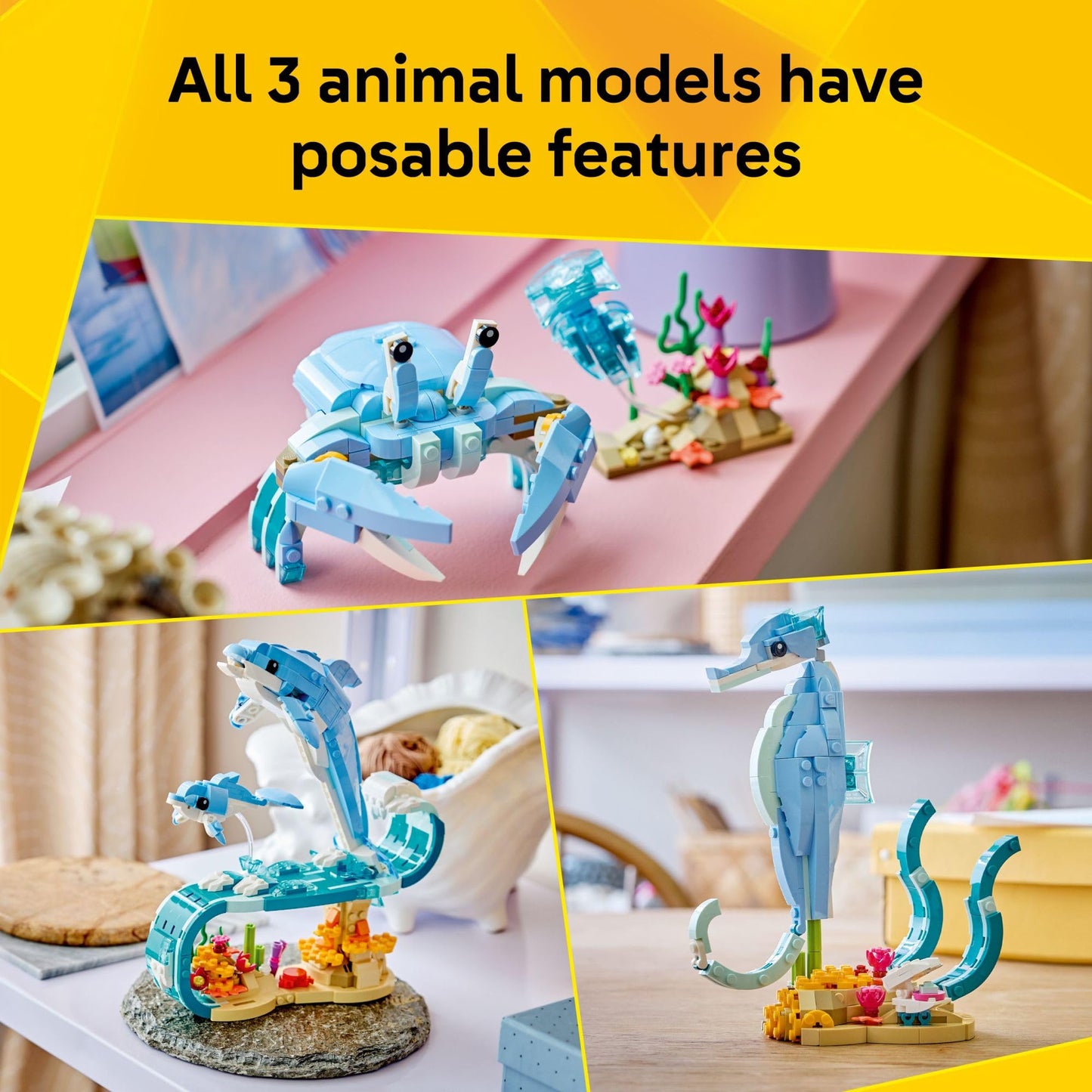 LEGO Creator 3-in-1 Sea Animals 31385 – Beautiful Dolphins, Seahorse & Crab Toy Set