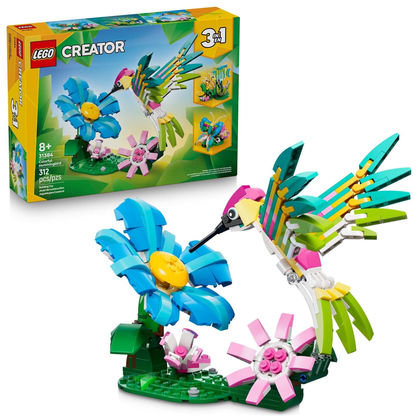 LEGO Creator 3-in-1 Wild Animals: Colorful Hummingbird (31384) – Build a Hummingbird, Butterfly, or Tropical Fish