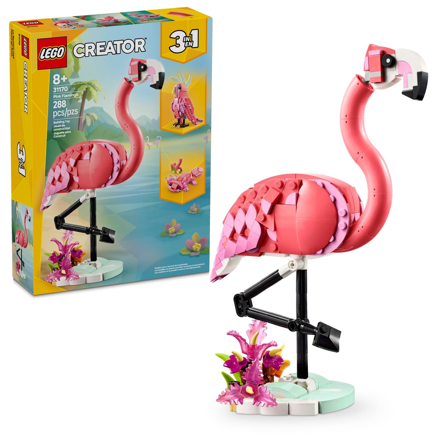 LEGO Creator 3 in 1 Wild Animals: Pink Flamingo, Cockatoo, or Axolotl | 288-Piece Building Toy for Kids 8+