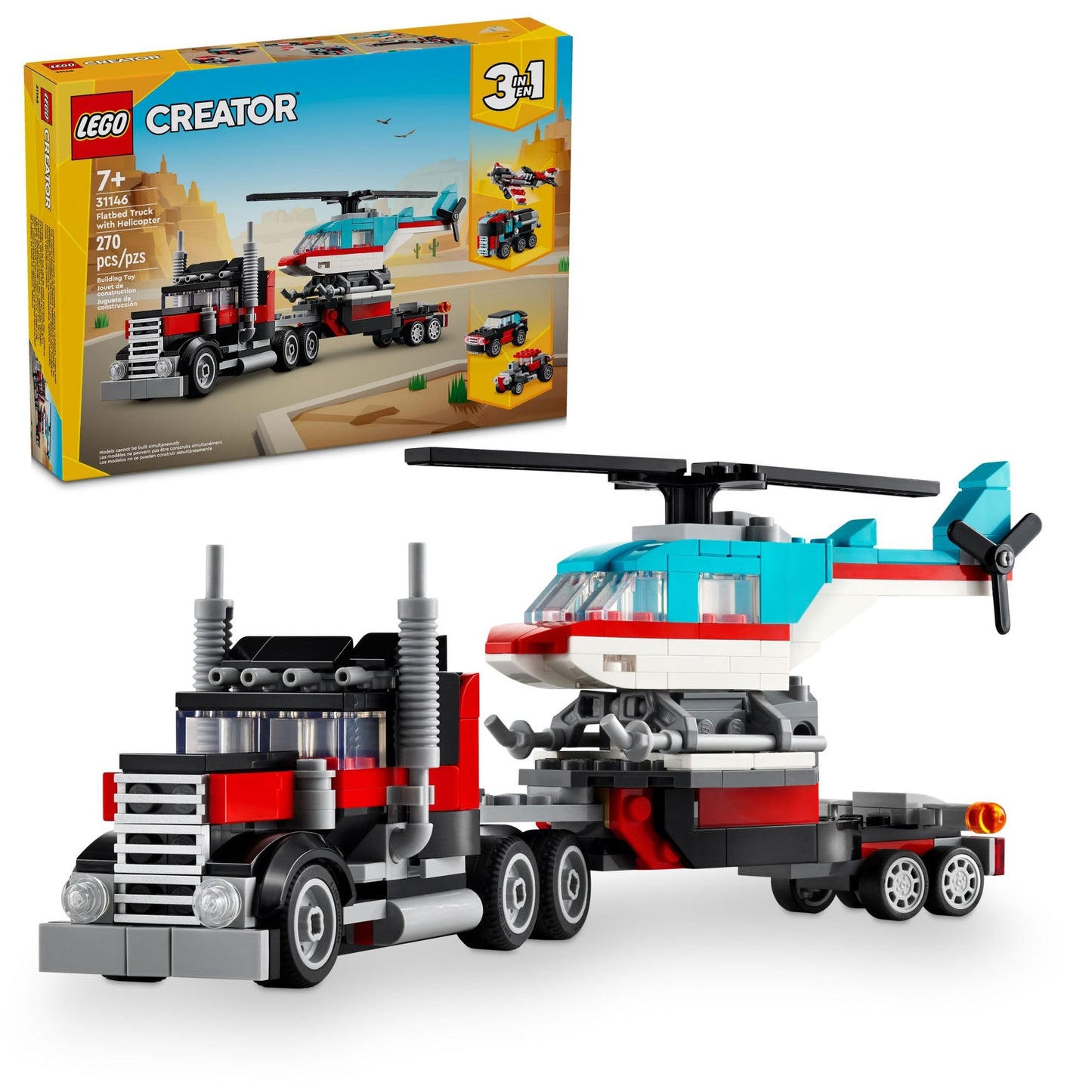 LEGO Creator 3in1 Flatbed Truck with Helicopter (31146) – 3-in-1 Plane, Hot Rod & SUV | Gift for Kids Aged 7+