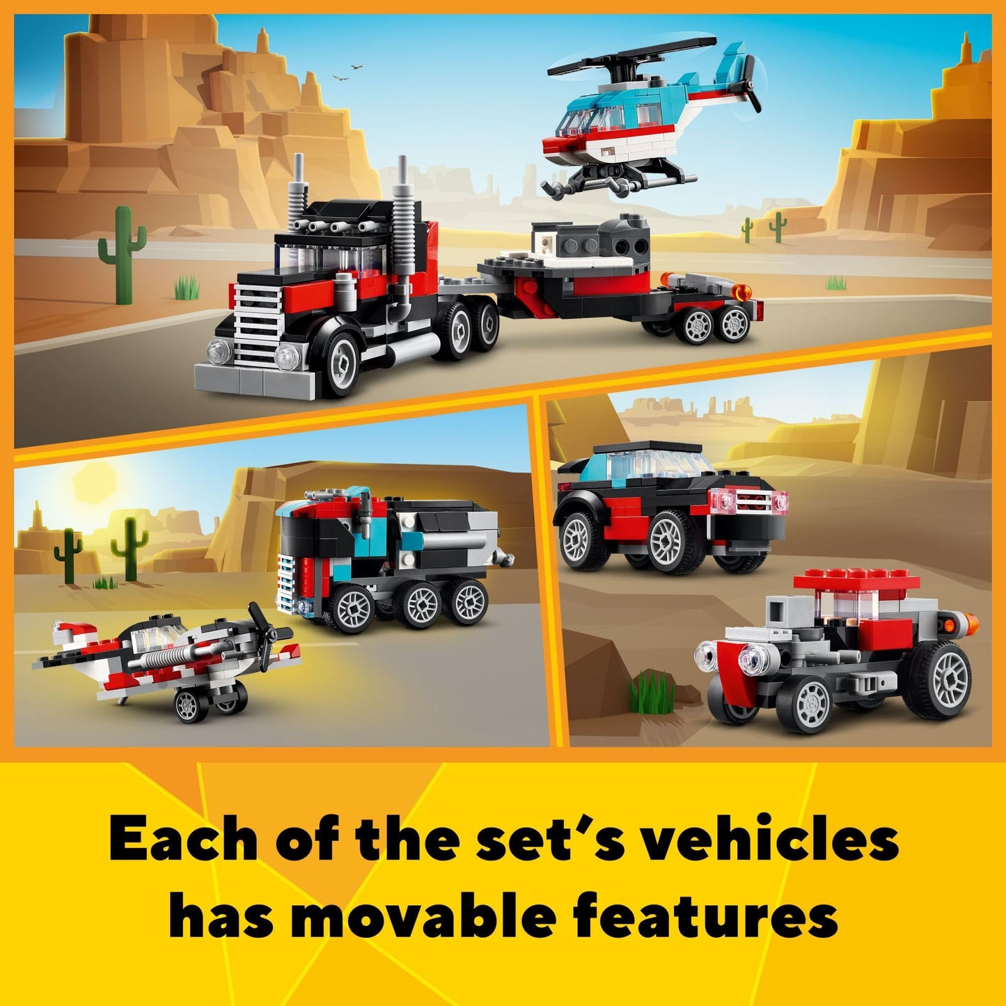 LEGO Creator 3in1 Flatbed Truck with Helicopter (31146) – 3-in-1 Plane, Hot Rod & SUV | Gift for Kids Aged 7+
