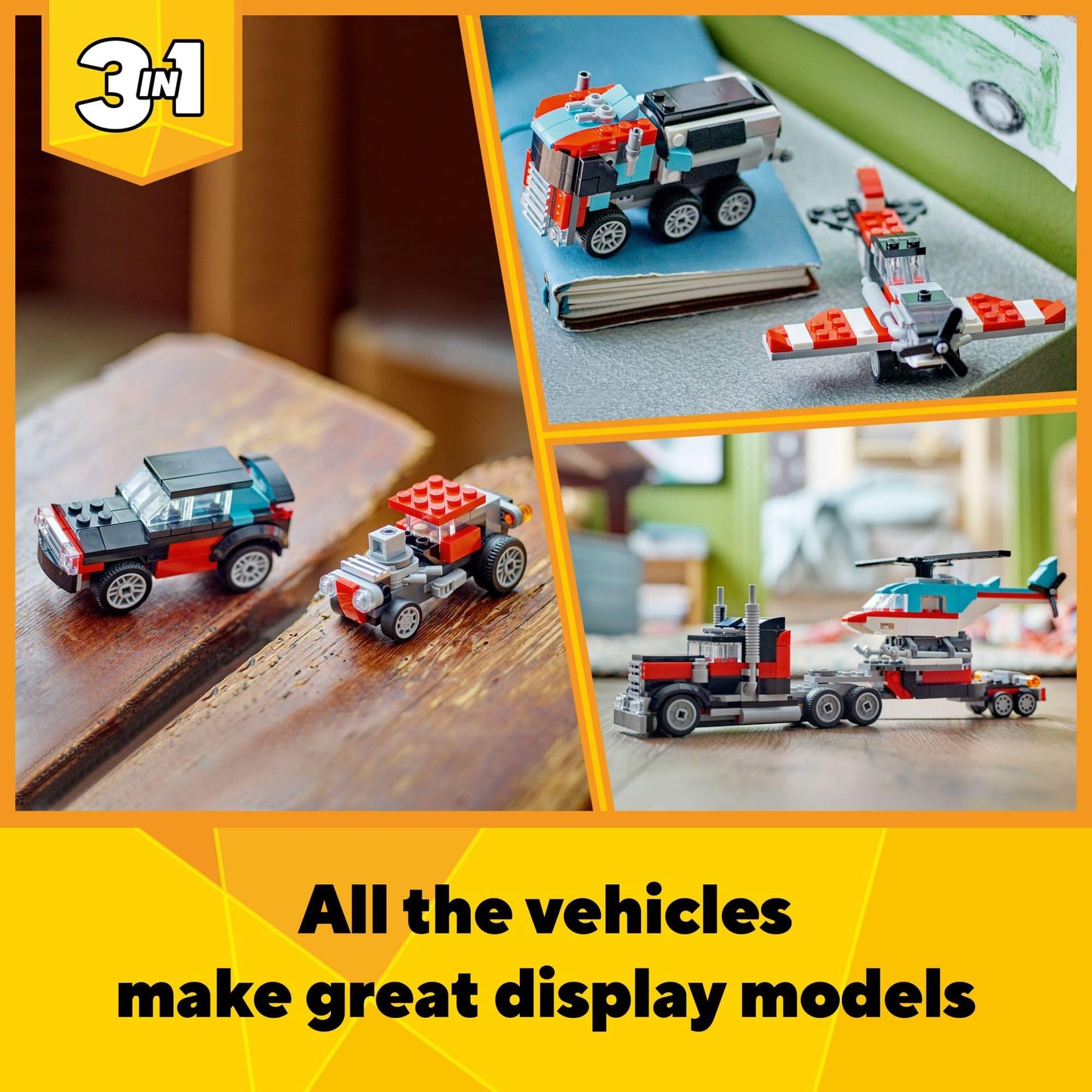 LEGO Creator 3in1 Flatbed Truck with Helicopter (31146) – 3-in-1 Plane, Hot Rod & SUV | Gift for Kids Aged 7+