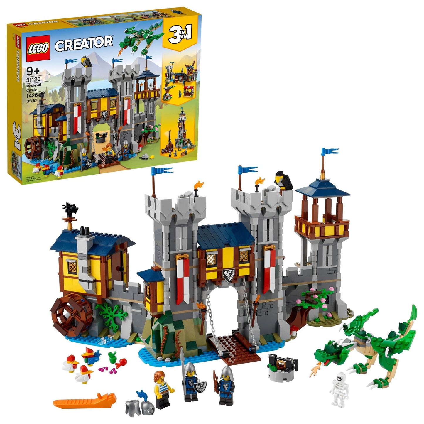 LEGO Creator 3in1 Medieval Castle 31120 – 3-in-1 Build, Dragon & Catapult, 1,426 Pieces