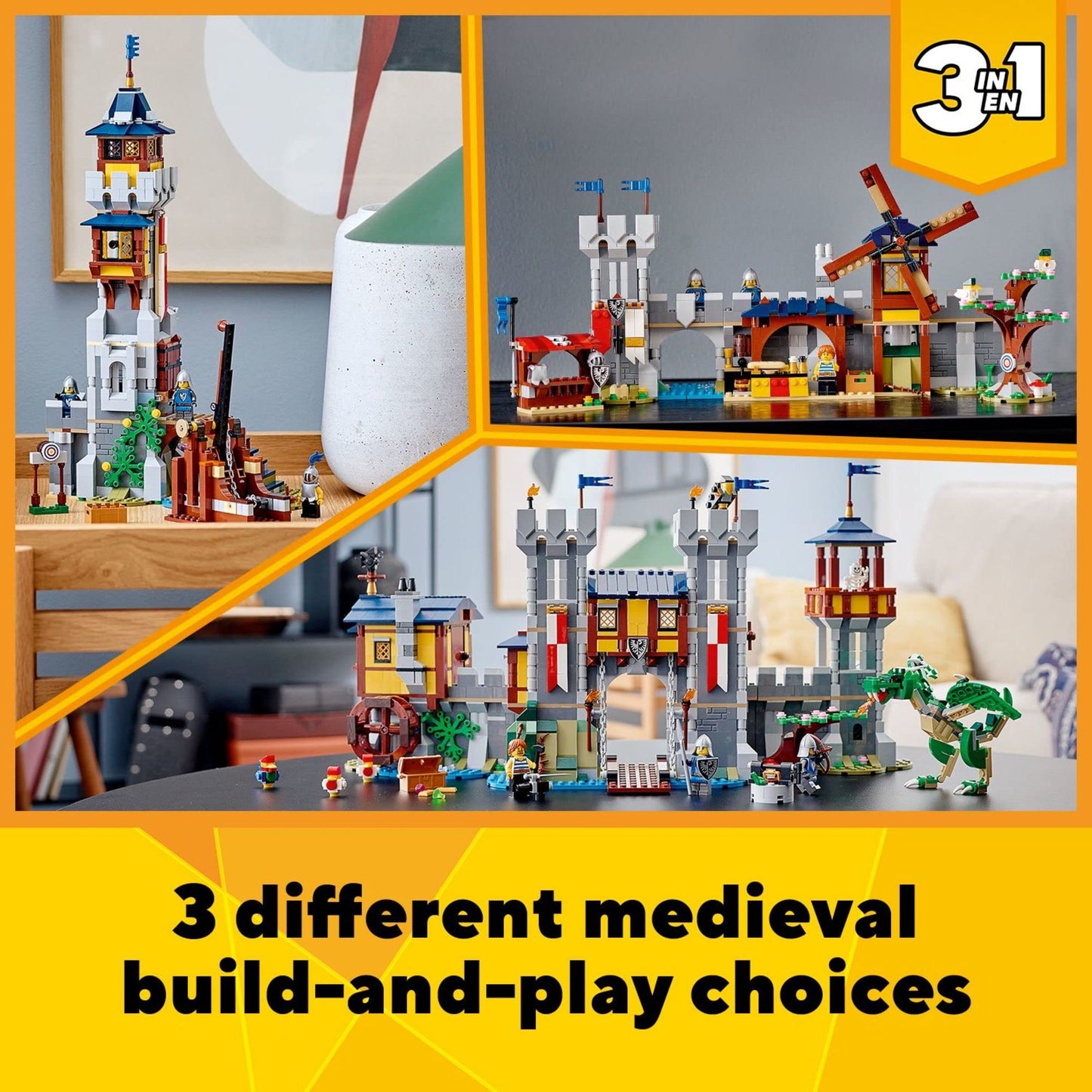 LEGO Creator 3in1 Medieval Castle 31120 – 3-in-1 Build, Dragon & Catapult, 1,426 Pieces