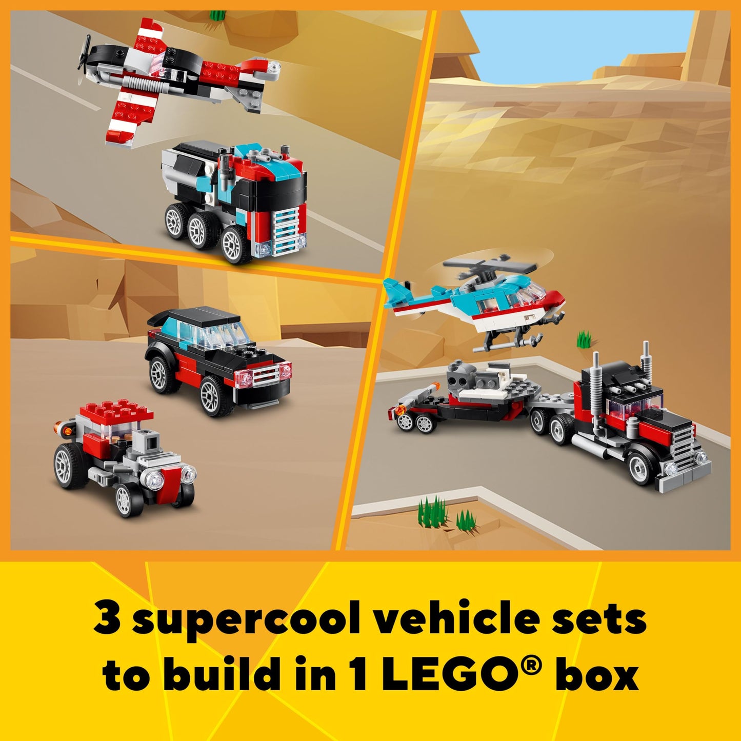LEGO Creator 3in1 Flatbed Truck with Helicopter (31146) – 3-in-1 Plane, Hot Rod & SUV | Gift for Kids Aged 7+