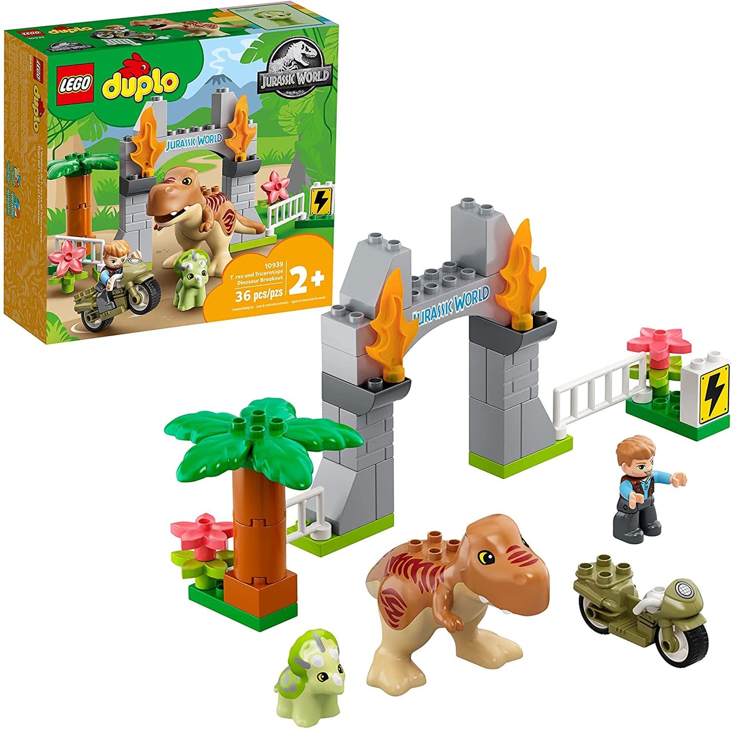 LEGO DUPLO Jurassic World Breakout 10939 – T. rex & Triceratops Dinosaur Building Toy for Preschool Kids