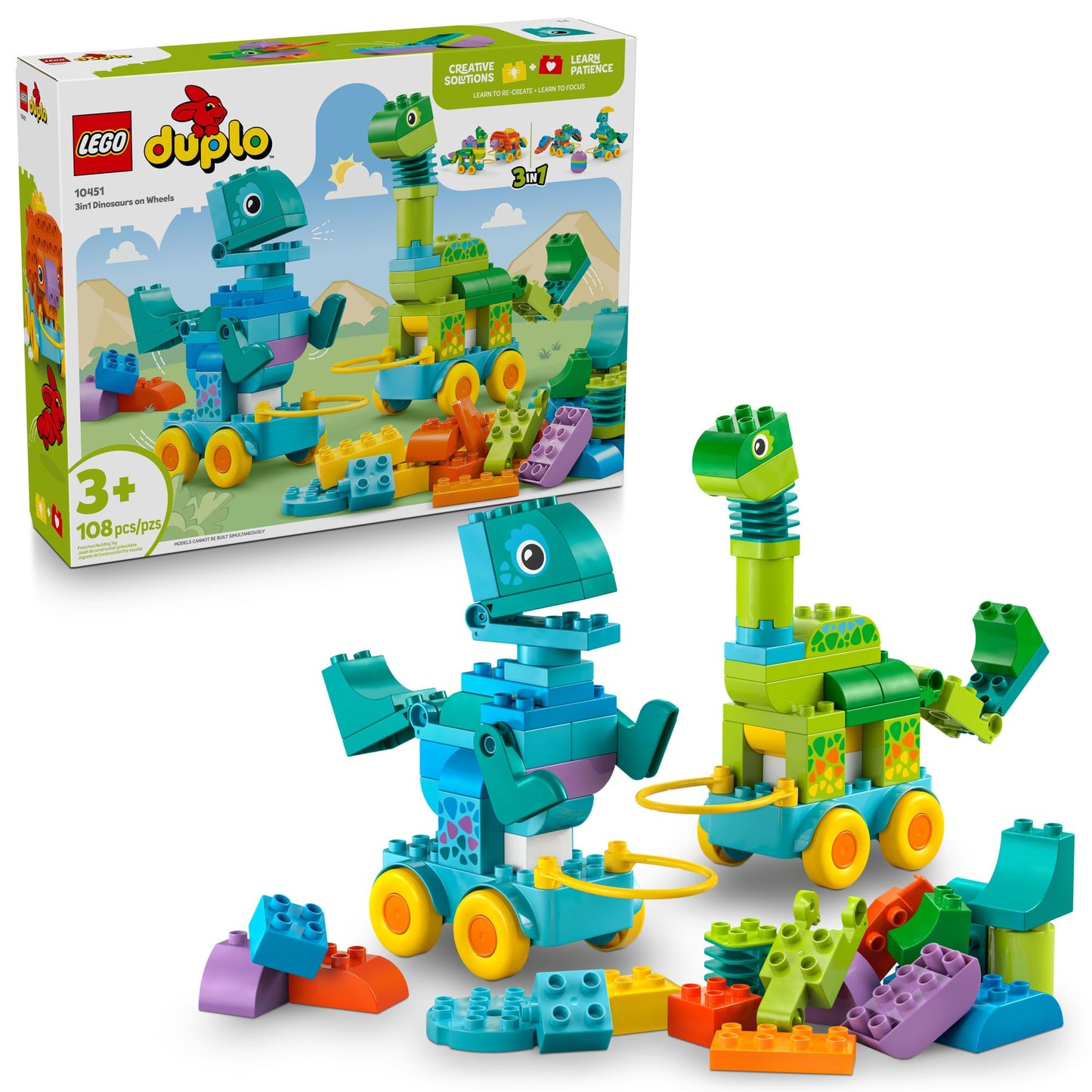 LEGO DUPLO Town 3-in-1 Dinosaurs on Wheels (10451) | Toddler Building & Learning Toy