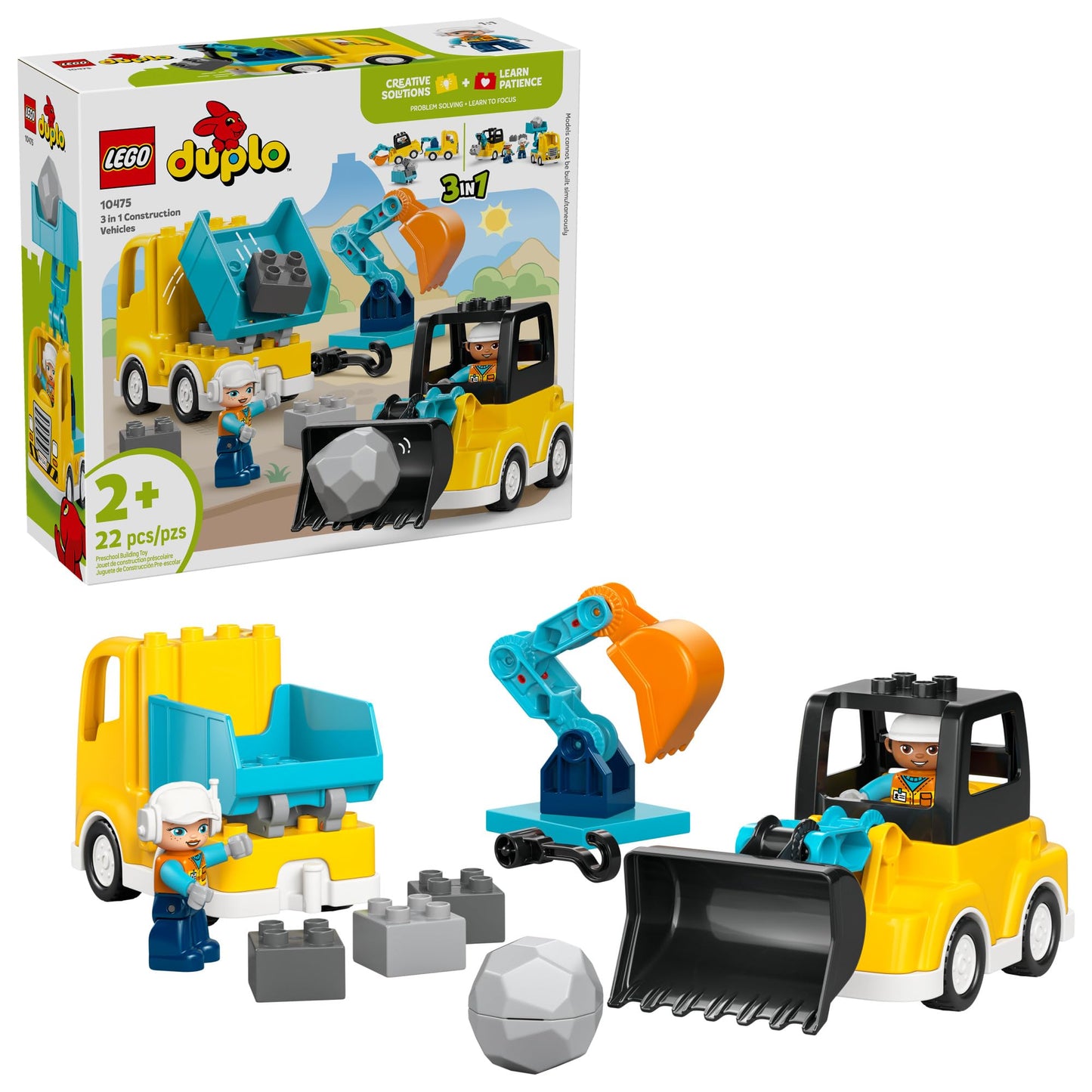 LEGO DUPLO Town 3 in 1 Construction Vehicles (10475) – Learning & Pretend Play Toy for Toddlers 2+