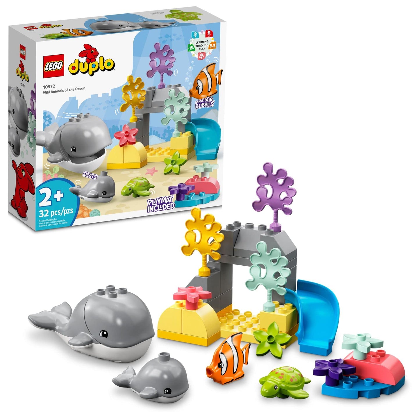 LEGO DUPLO Wild Animals of the Ocean Set 10972 – Whale & Turtle Figures with Ocean Floor Playmat for Toddlers 2+