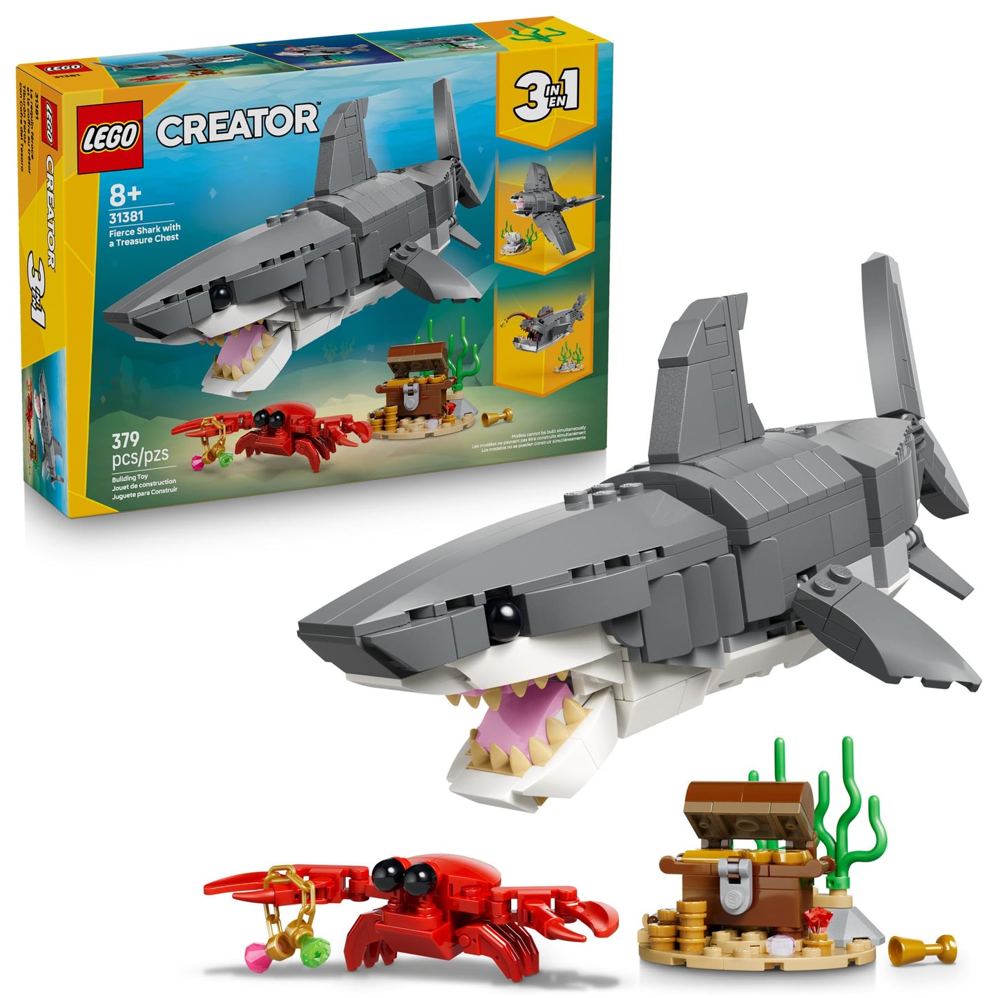LEGO Creator 3-in-1 Fierce Shark with Treasure Chest (31381) – Build 3 Sea Creatures | Ages 8+