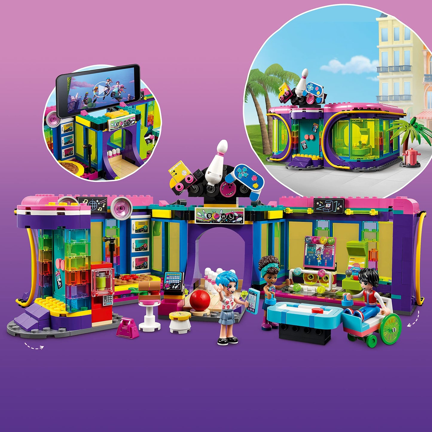LEGO Friends Roller Disco Arcade Set 41708 – 3-in-1 Roller Disco, Bowling Alley & Arcade Game with Andrea Mini-Doll