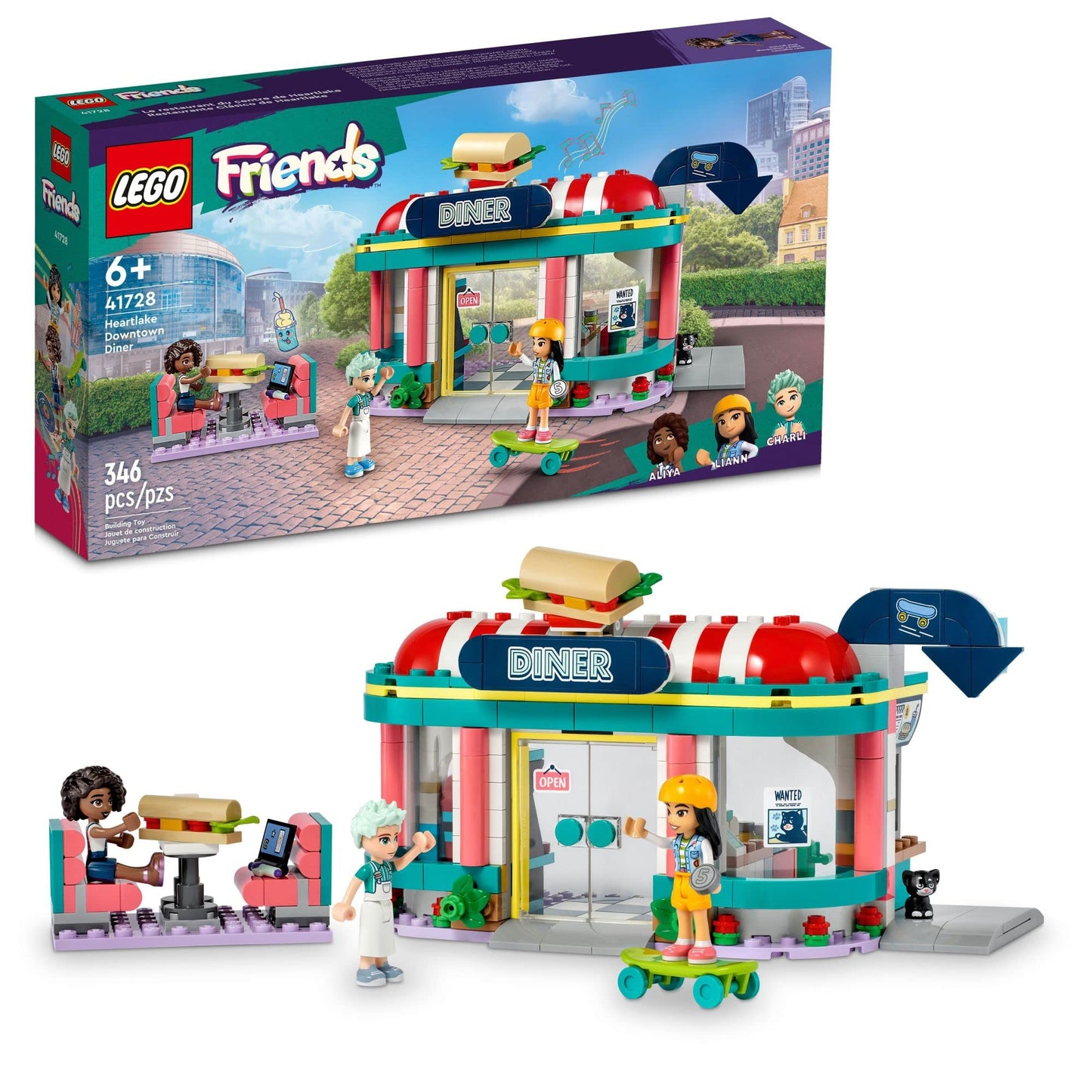 LEGO Friends Heartlake Downtown Diner (41728) – Role-Play Restaurant with Mini-Dolls Liann, Aliya & Charli