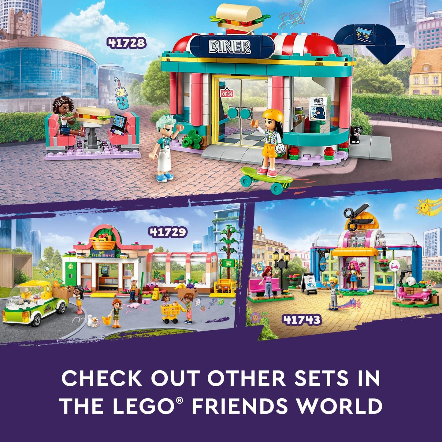 LEGO Friends Heartlake Downtown Diner (41728) – Role-Play Restaurant with Mini-Dolls Liann, Aliya & Charli