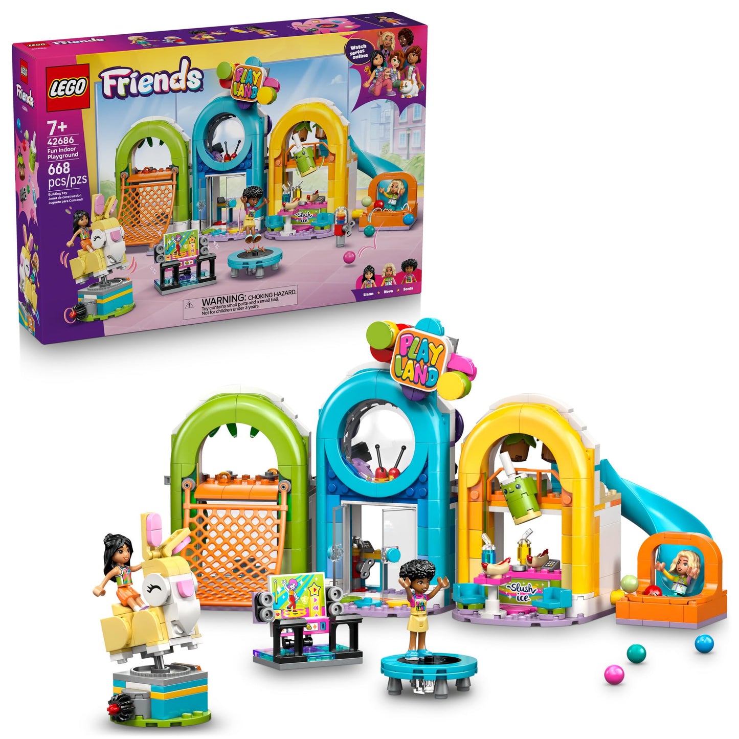 LEGO Friends Fun Indoor Playground 42686 – 668-Piece Pretend Play Set with Sonia, Liann & Nova