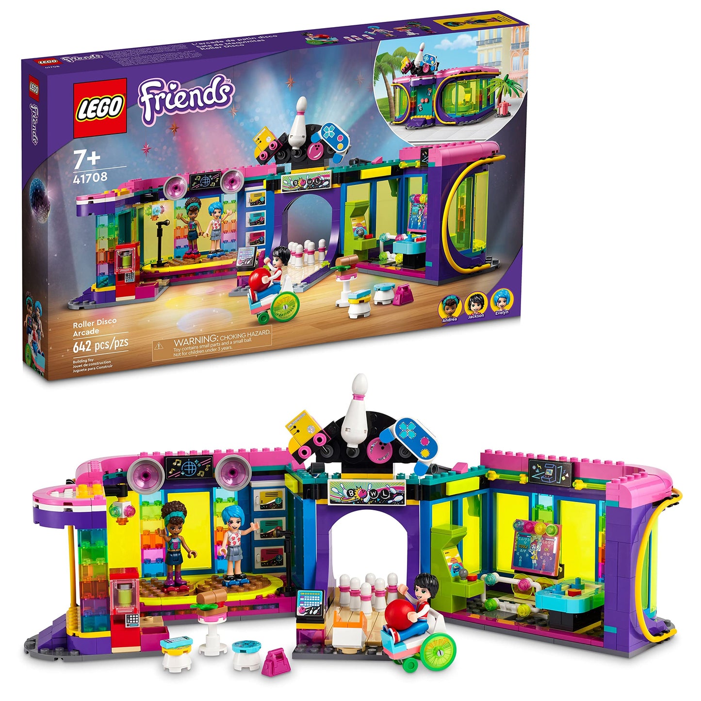 LEGO Friends Roller Disco Arcade Set 41708 – 3-in-1 Roller Disco, Bowling Alley & Arcade Game with Andrea Mini-Doll