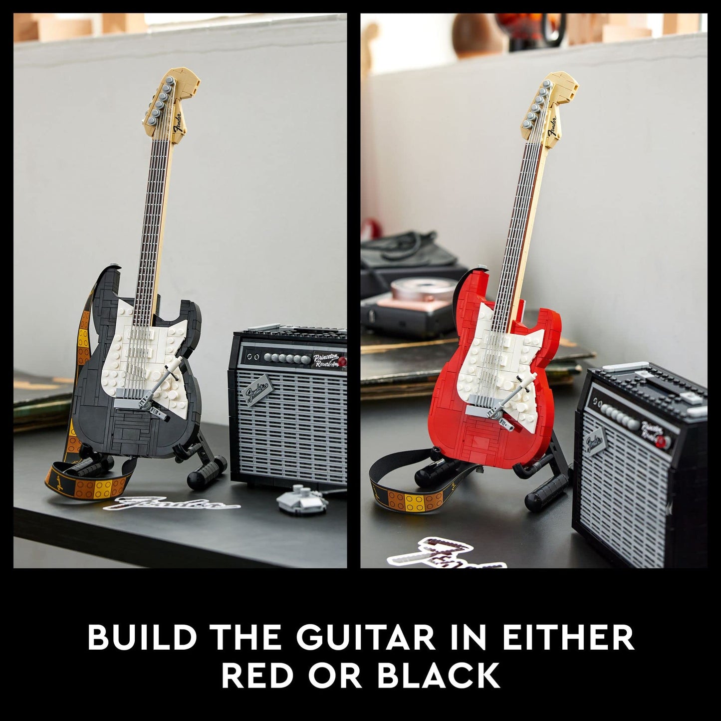 LEGO Ideas Fender Stratocaster 21329 Guitar Model with 65 Princeton Reverb Amplifier – DIY Display Kit